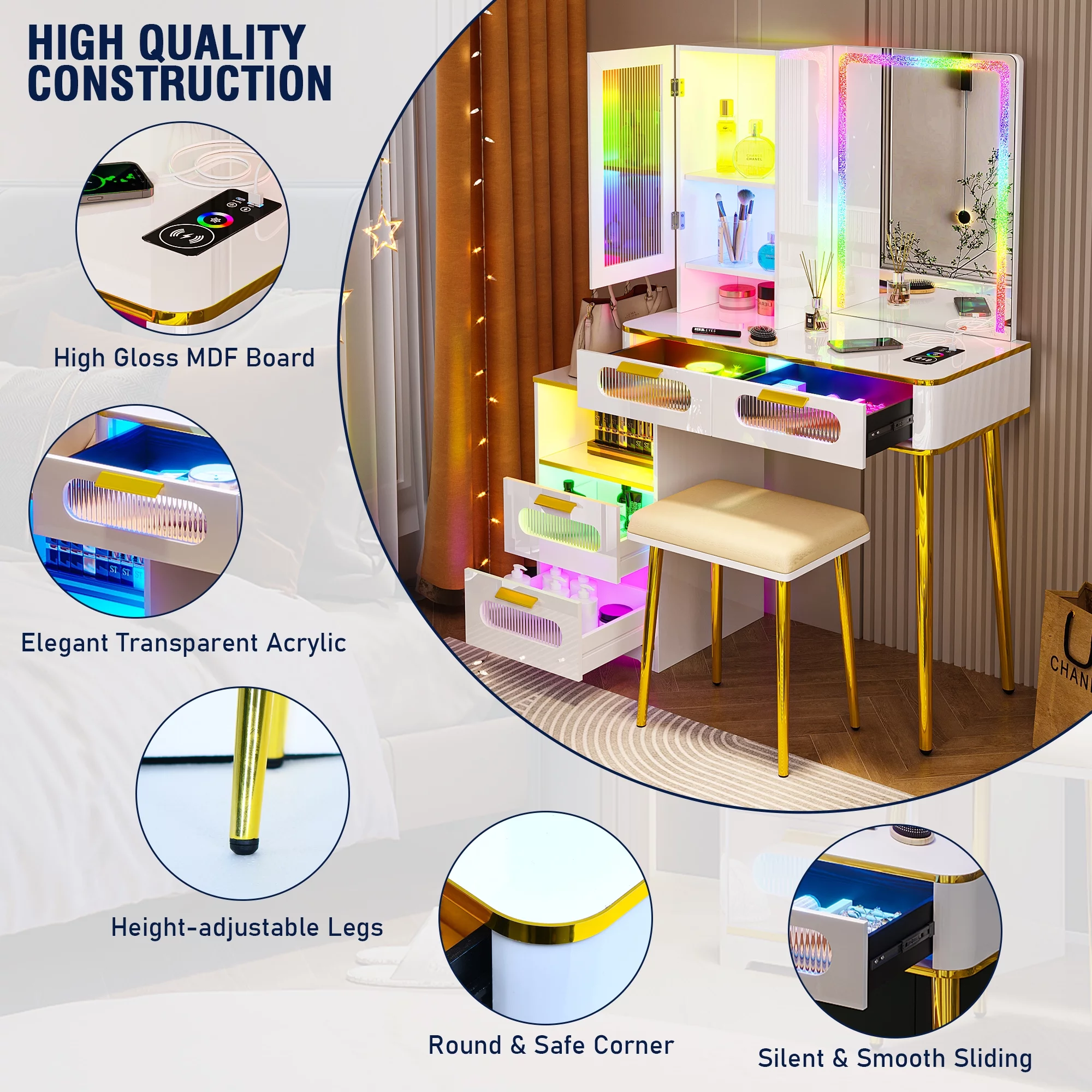 HNEBC Vanity Desk with Mirror and Lights, RGB LED Makeup Vanity Table with Charging Station, 7 Dynamic and 24 Static Dimmable Vanity Set, Dressing Table with Body Sensor Light (White)