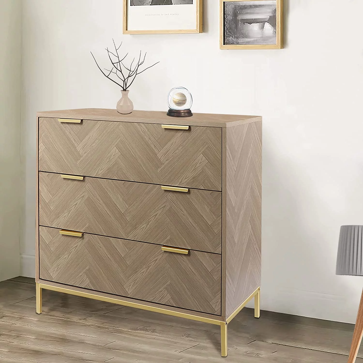 Popular Modern 3 Drawer Chest Dresser Mid Century Natural Oak Organizer Bedroom Furniture with Gold Metal Legs H0037