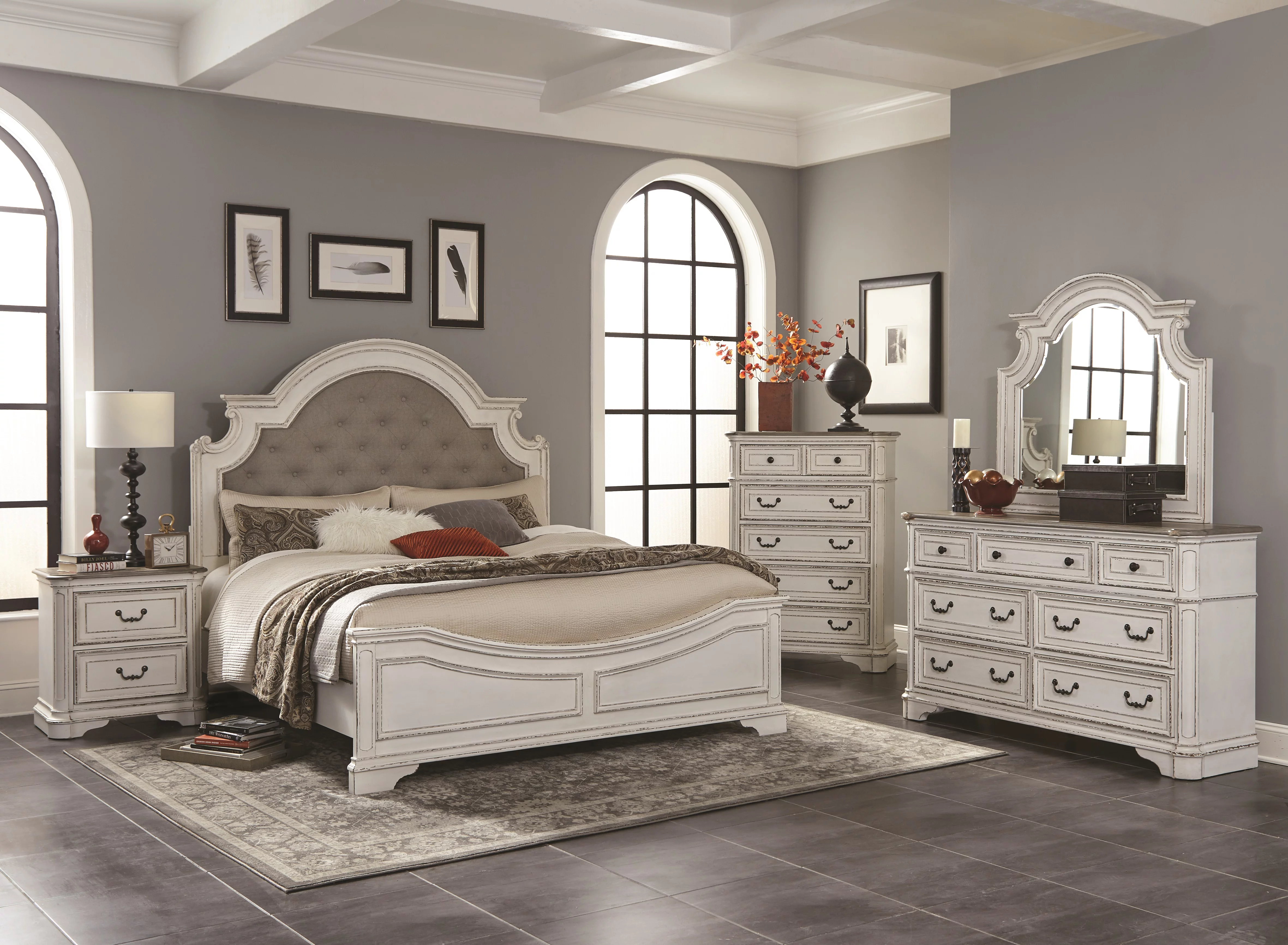 Laval Wood Bedroom Set, Upholstered King Bed, Dresser, Mirror, Nightstand, Chest, Antique White and Oak