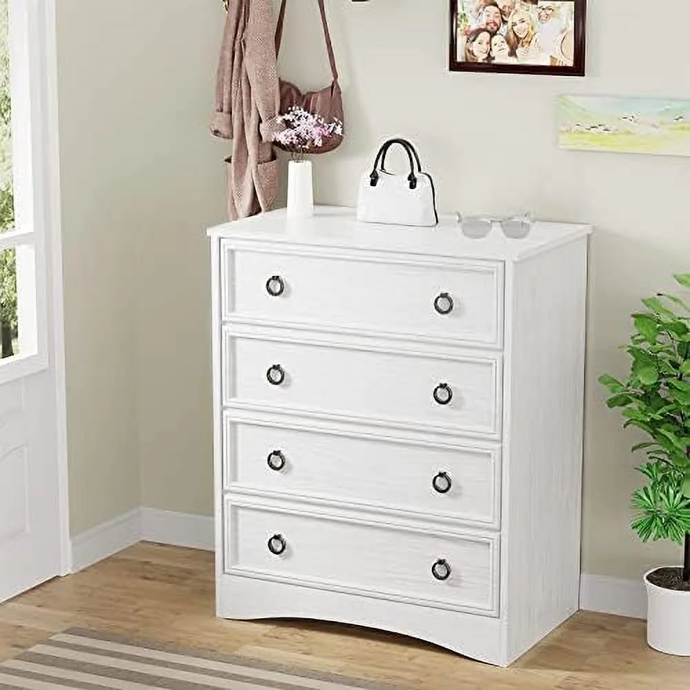 KHBIULIFE Modern 4 Drawer Dresser  Dressers  Tall Chest of Drawers Closet Organizers and  for Clothes - Easy Pull Handle  Textured Borders Drawers for Living Room  Bedroom  Hallway  White