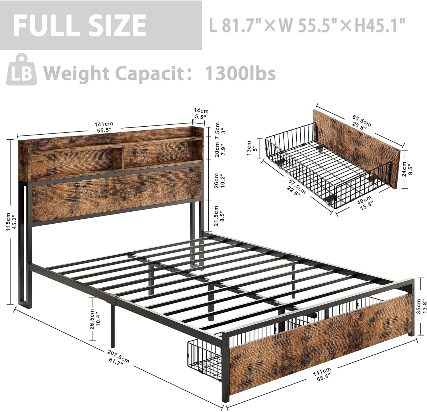 LIHONG Full Size Bed Frame with Bookcase Headboard & & ,Sturdy Metal Platform Bed, No Noise, No Box Spring Needed, Vintage Brown