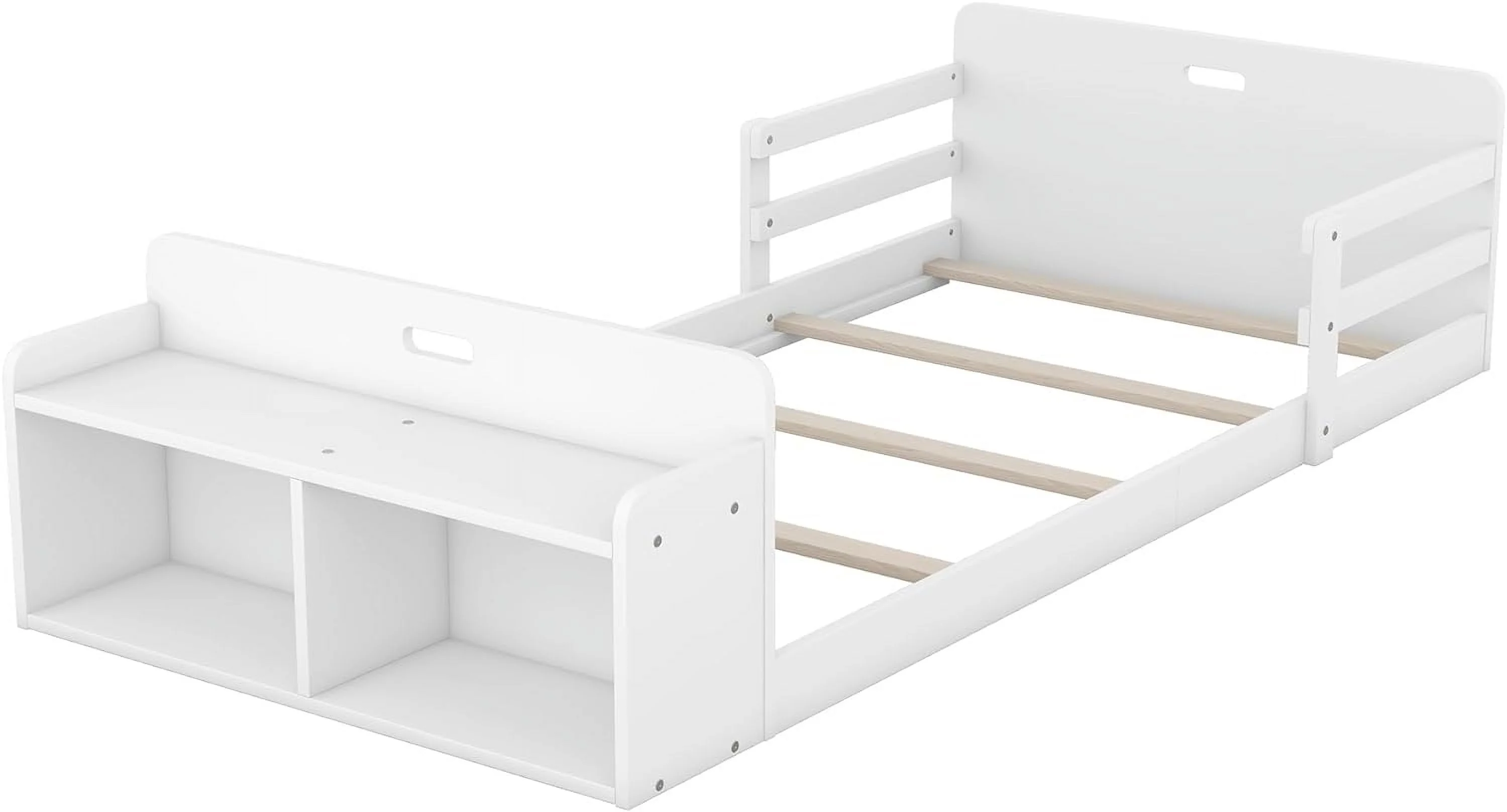 Twin Size Floor Bed, Sturdy Wood Montessori Bed Frame with Storage Footboard and Guardrail, Montessori House Bed for Kids