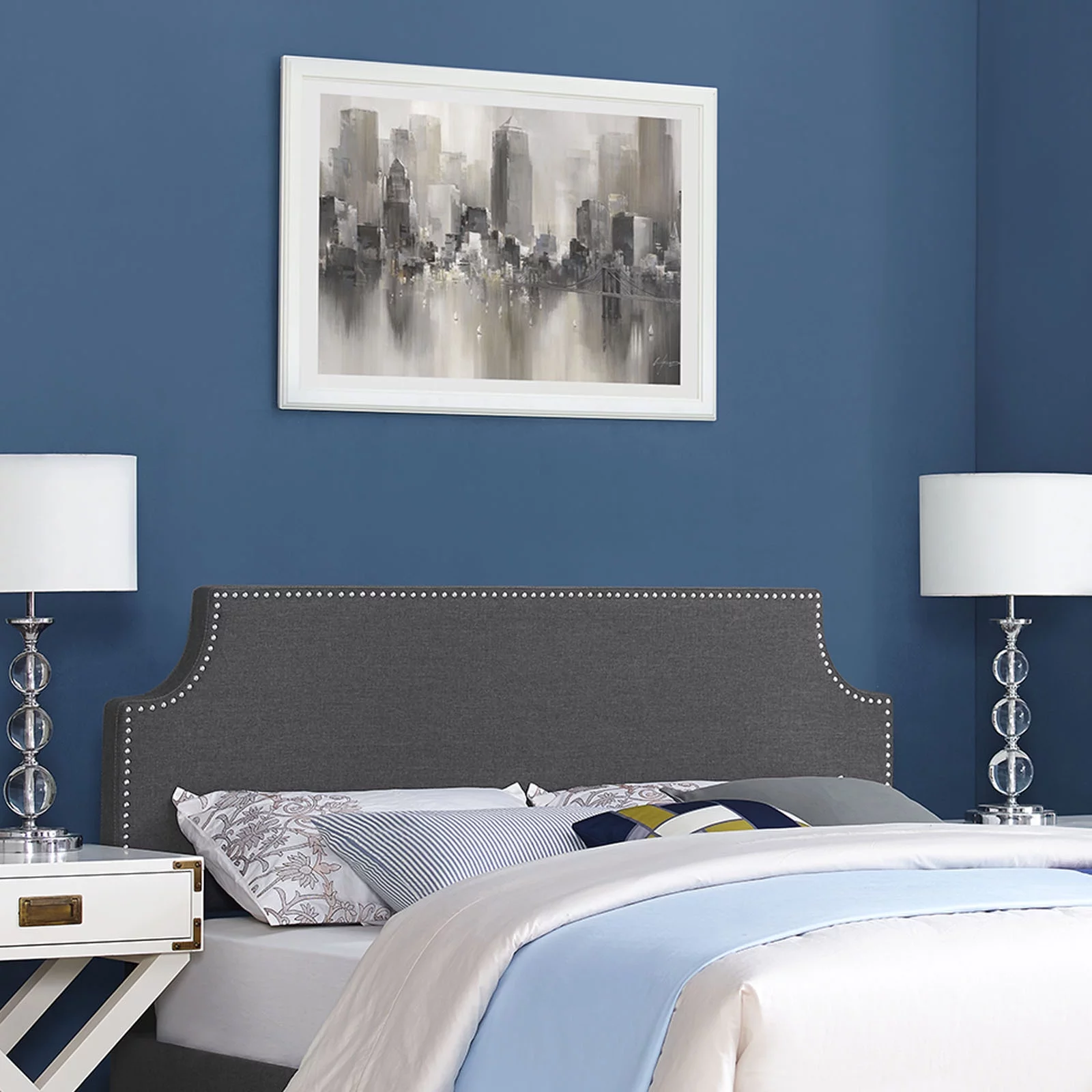 Modern Contemporary Urban Design Bedroom Full Size Headboard, Grey Gray, Fabric