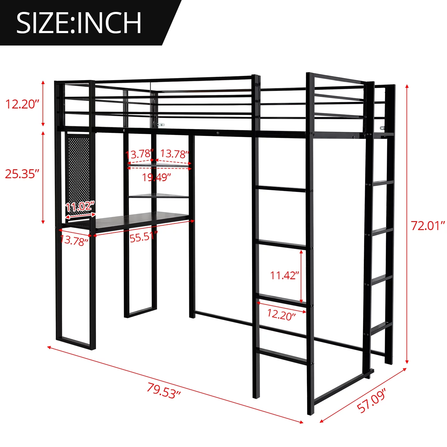 Full Size Loft Bed with Desk and Shelves, Metal Loft Bed with 2 Built-in Ladders, Full-length Guardrail, Hold up to 240lbs,Noise Free,79.53