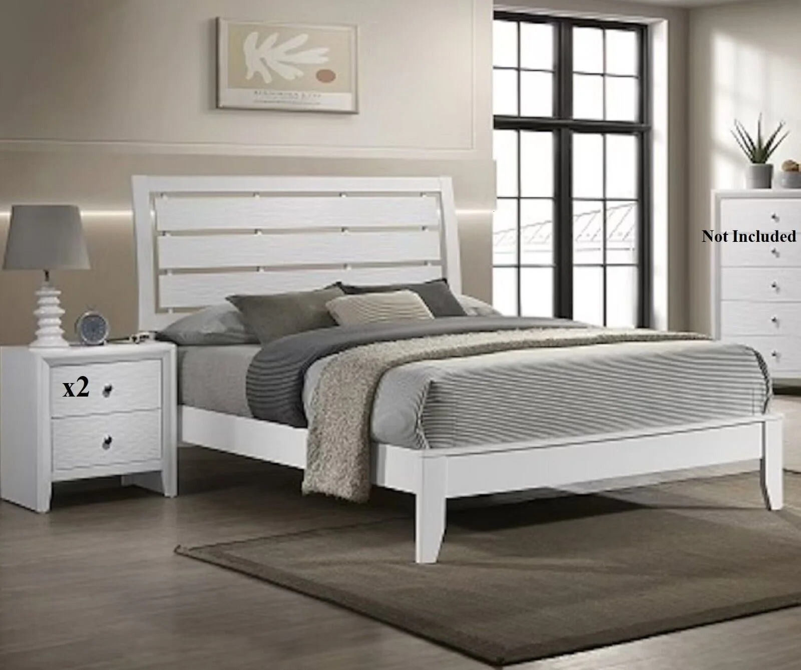 3pc Beautiful White Finish Queen Size Panel Bed 2x Nightstands Set Wooden Bedroom Furniture