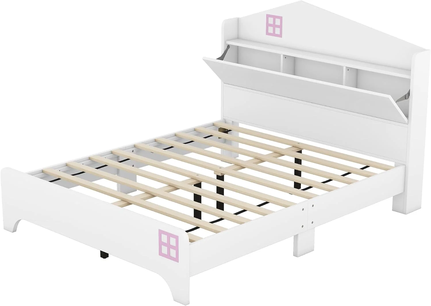 Wooden Full Size House Bed with Storage Headboard,Kids Bed with Storage Shelf Platform Bed with Storage