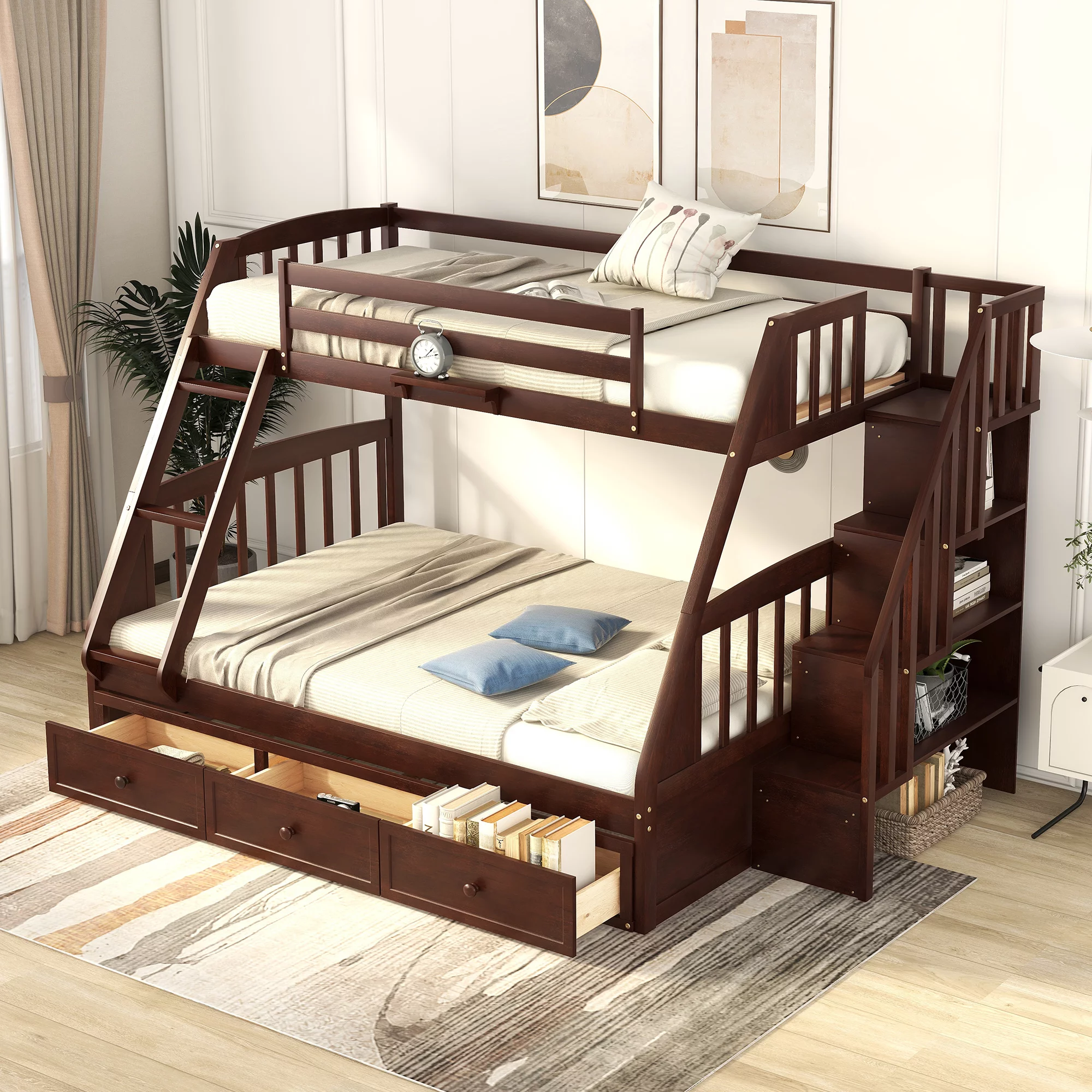 Twin Over Full Bunk Beds with 3 Storage Drawers and Stairway, Solid Wood Bunk Bed Twin Over Full Size with Storage Stairway and Guard Rail for Bedroom (Espresso,Twin Over Full)