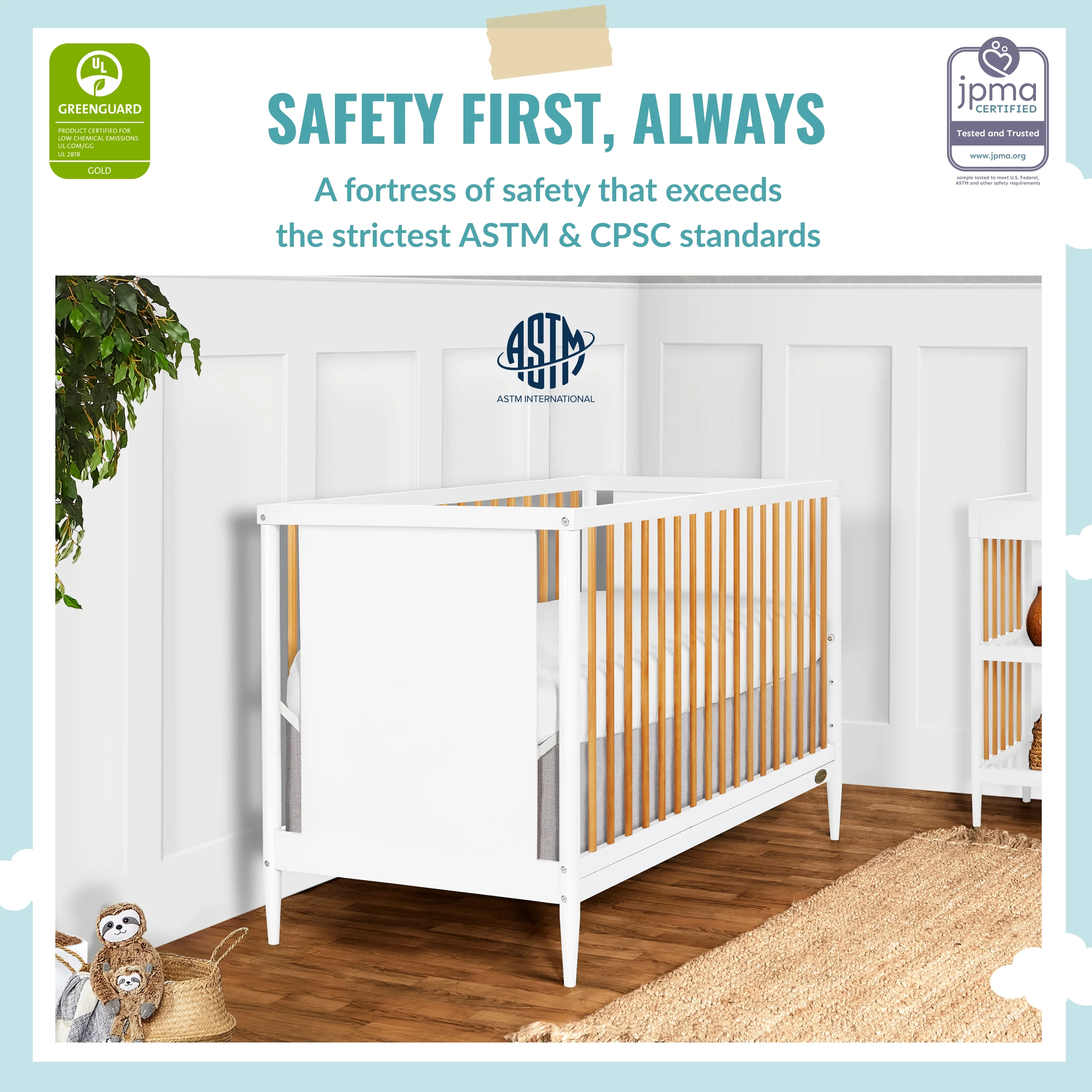 Dream On Me Clover 4-In-1 Modern Island crib With Rounded Spindles, Convertible Crib, Mid- Century Meets Modern, Coordinates With The Clover Changing Table In wWhite And Natural