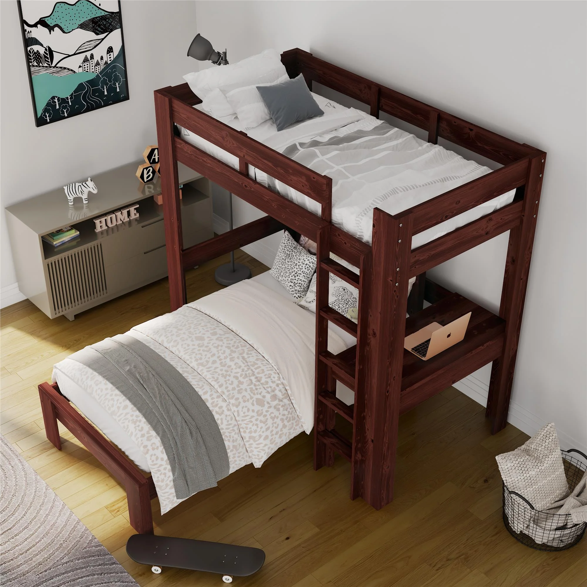 DHP Jaymee L-Shaped Bunk Bed, Separable Loft Bed with Desk and Bed Frame, Twin/Twin, Nutmeg