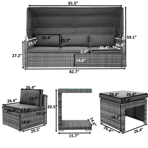 Churanty 5 Pieces Outdoor Conversation Wicker Furniture Set Sectional Patio Rattan Sofa Set Rattan Daybed with Canopy and Glass Side Table, Gray