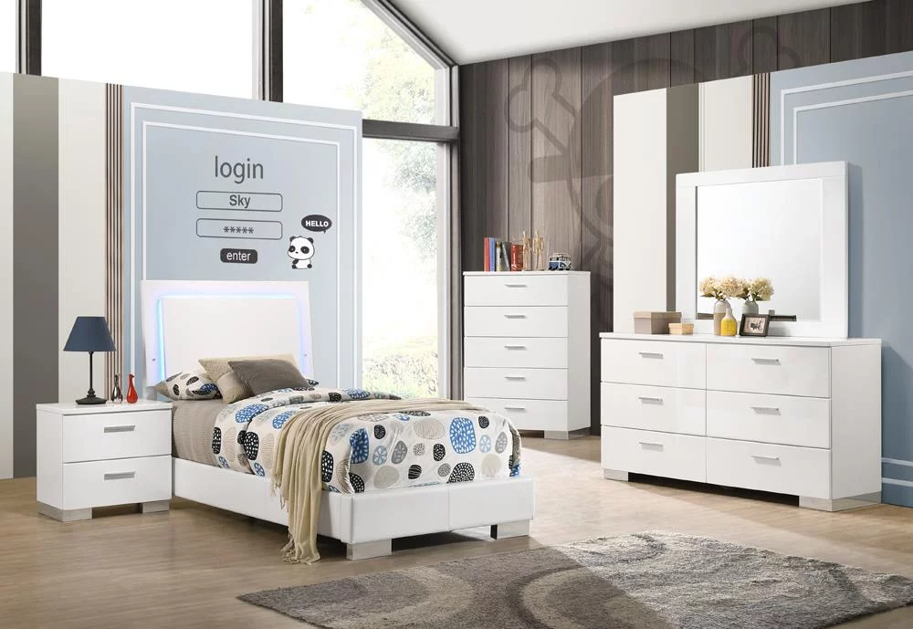 Coaster Felicity 5-piece Twin Wood Bedroom Set with LED Lighting Glossy White