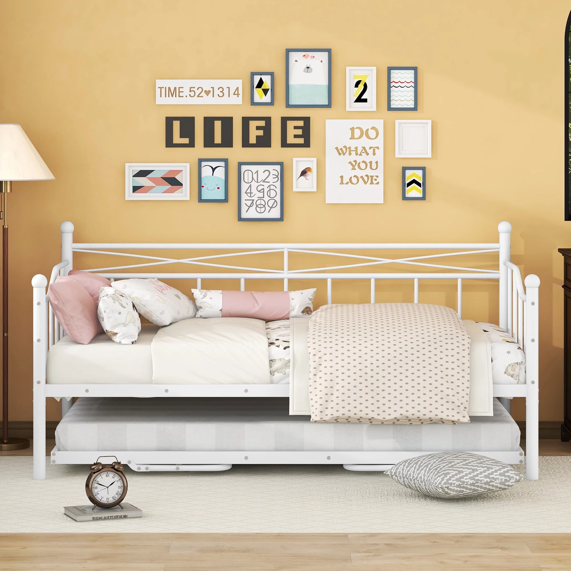CoSoTower Twin Size Metal Daybed with Twin Size Adjustable Trundle, Portable Folding Trundle, White