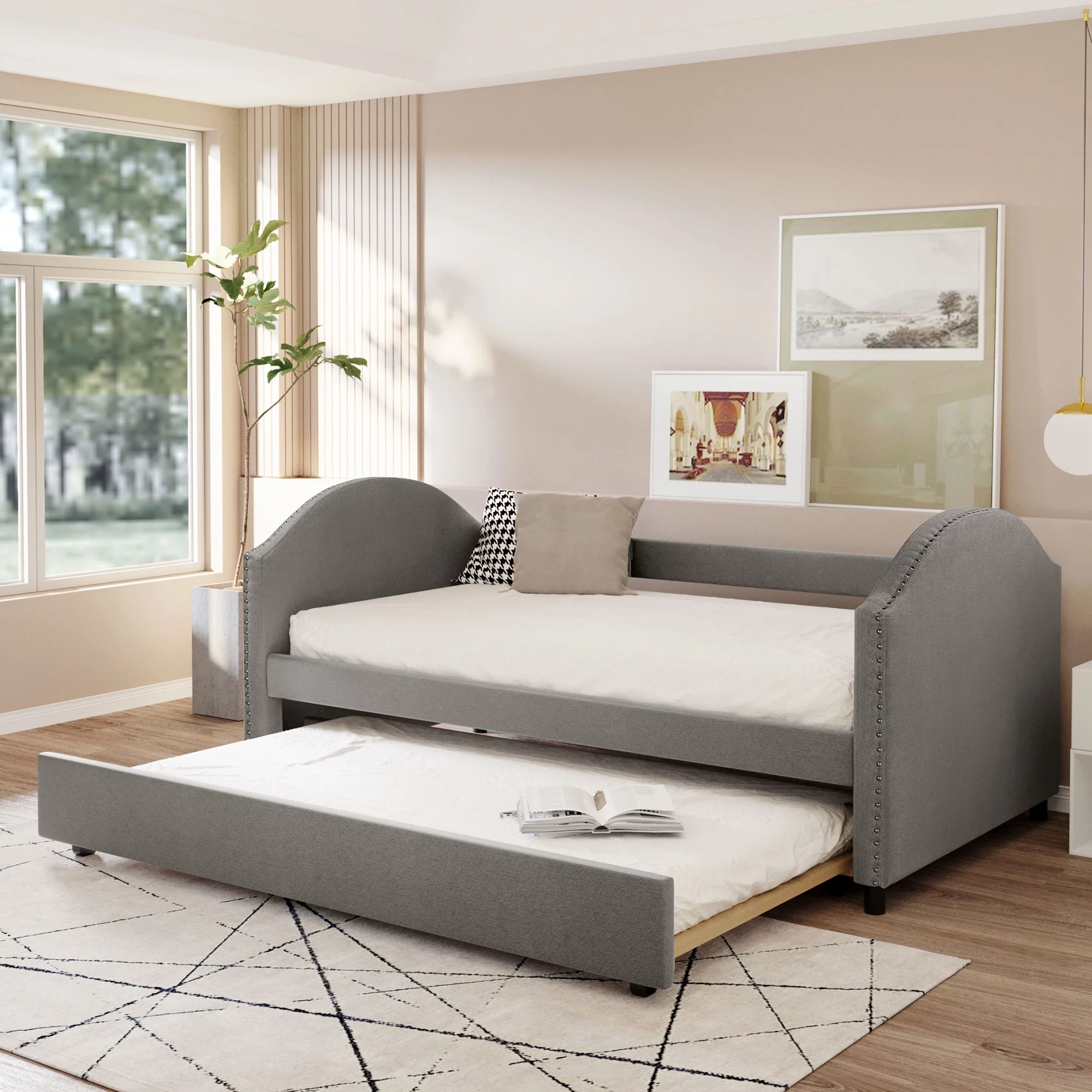 CoSoTower Full Size Upholstered Daybed with Twin Size Trundle, Wood Slat Support, Gray