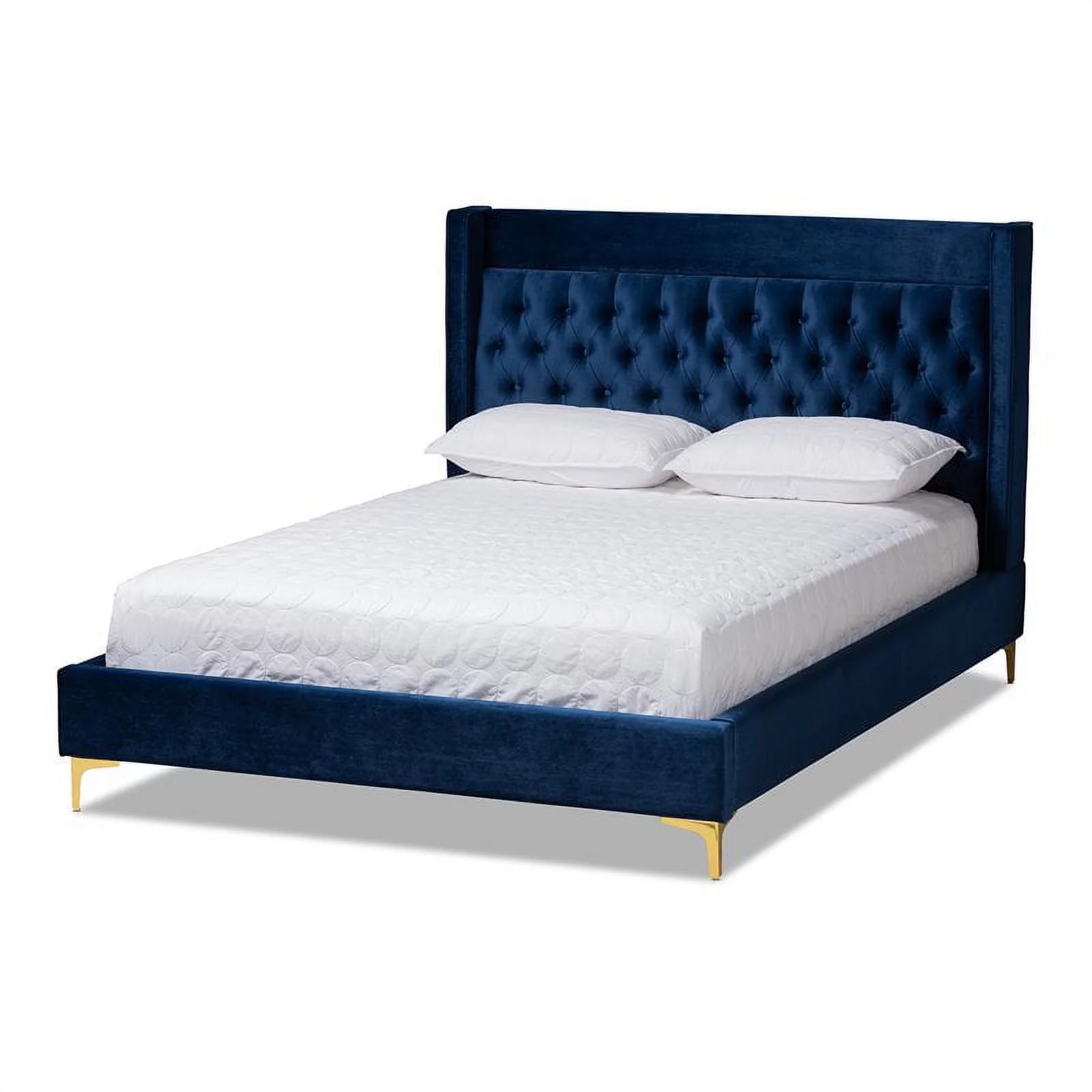 Bowery Hill Tufted Velvet Fabric Platform King Bed in Navy Blue