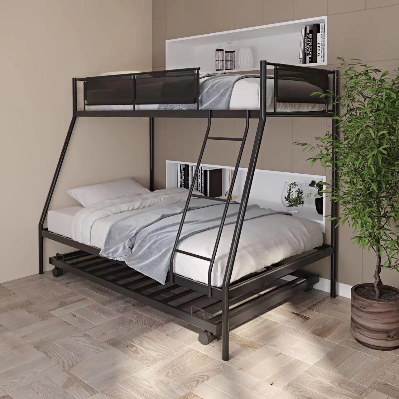 Over Full Metal Bunk Bed Frame With Desk, Ladder And Quality Slats For Bedroom (Black)