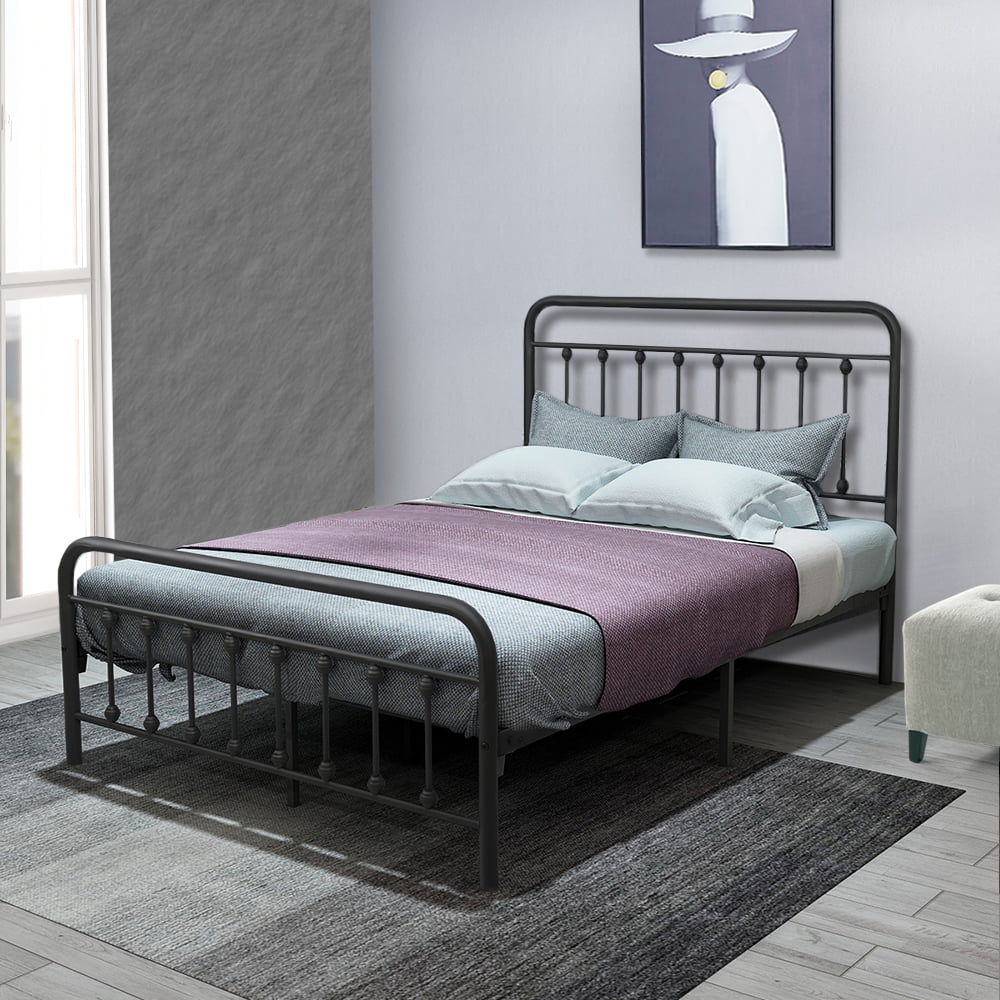 Vintage Style Platform Metal Bed Frame Foundation Headboard Footboard Heavy Duty Steel Slats Full Size, Black