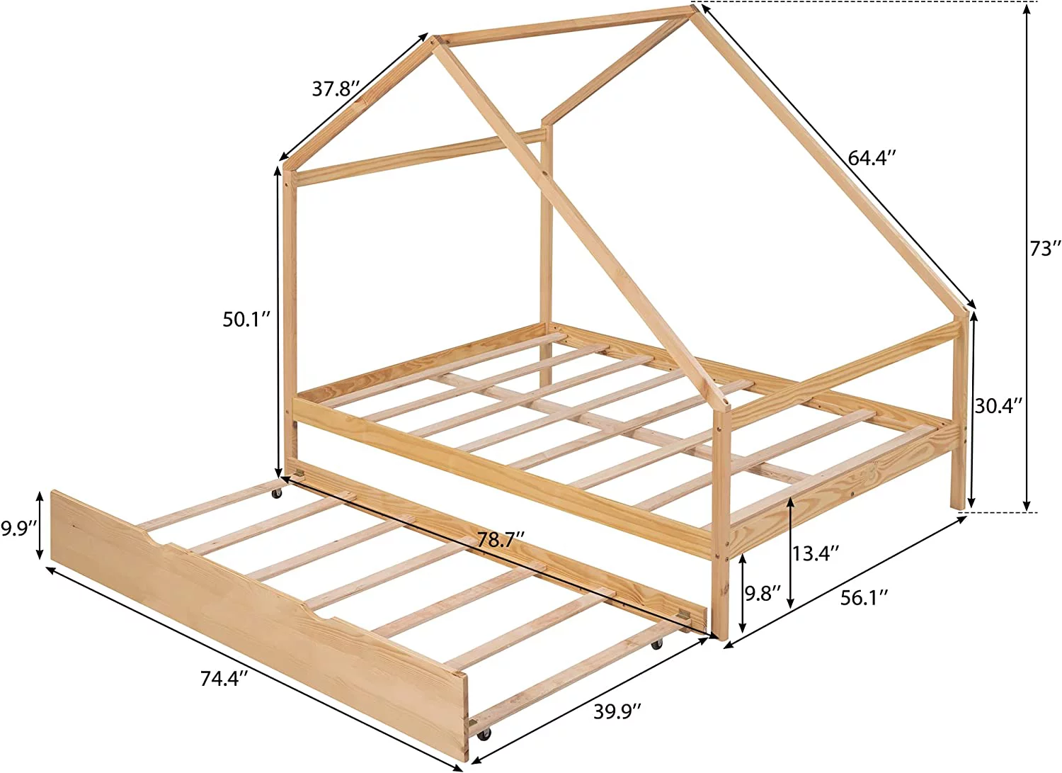Full Size House Bed With Trundle, Full Platform Bed With Trundle, Wooden Daybed Frame For Toddlers, Kids, Teens, Girls, Boys (Natural)