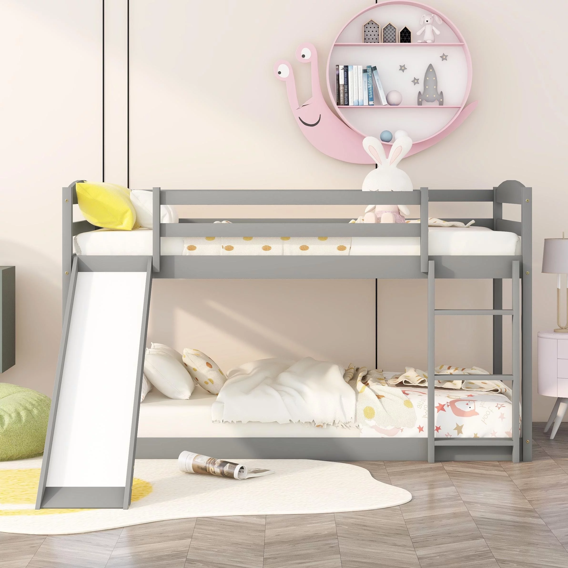 Bellemave Low Bunk Beds Twin Over Twin with Slide, Wooden Floor Bunk Bed Frame Built-in Ladder for Toddler Girls Boys (Gray)