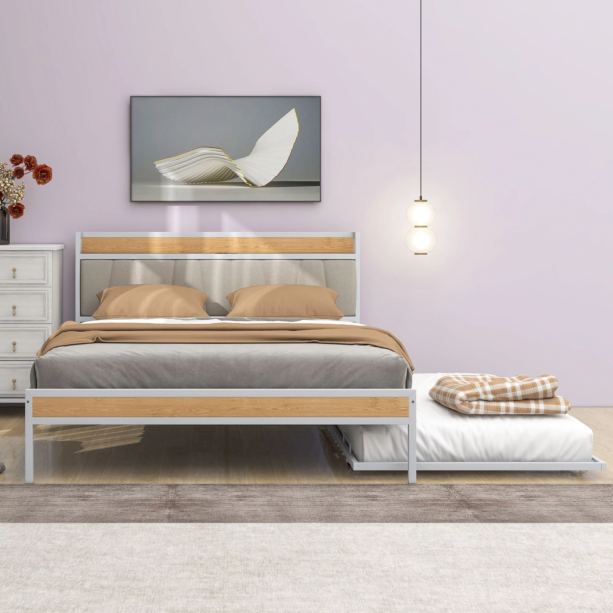 CoSoTower Queen Size Metal Platform Bed Frame with Twin Size Trundle, Upholstered Headboard, Sockets, Usb Ports and Slat Support, No Box Spring Needed, White