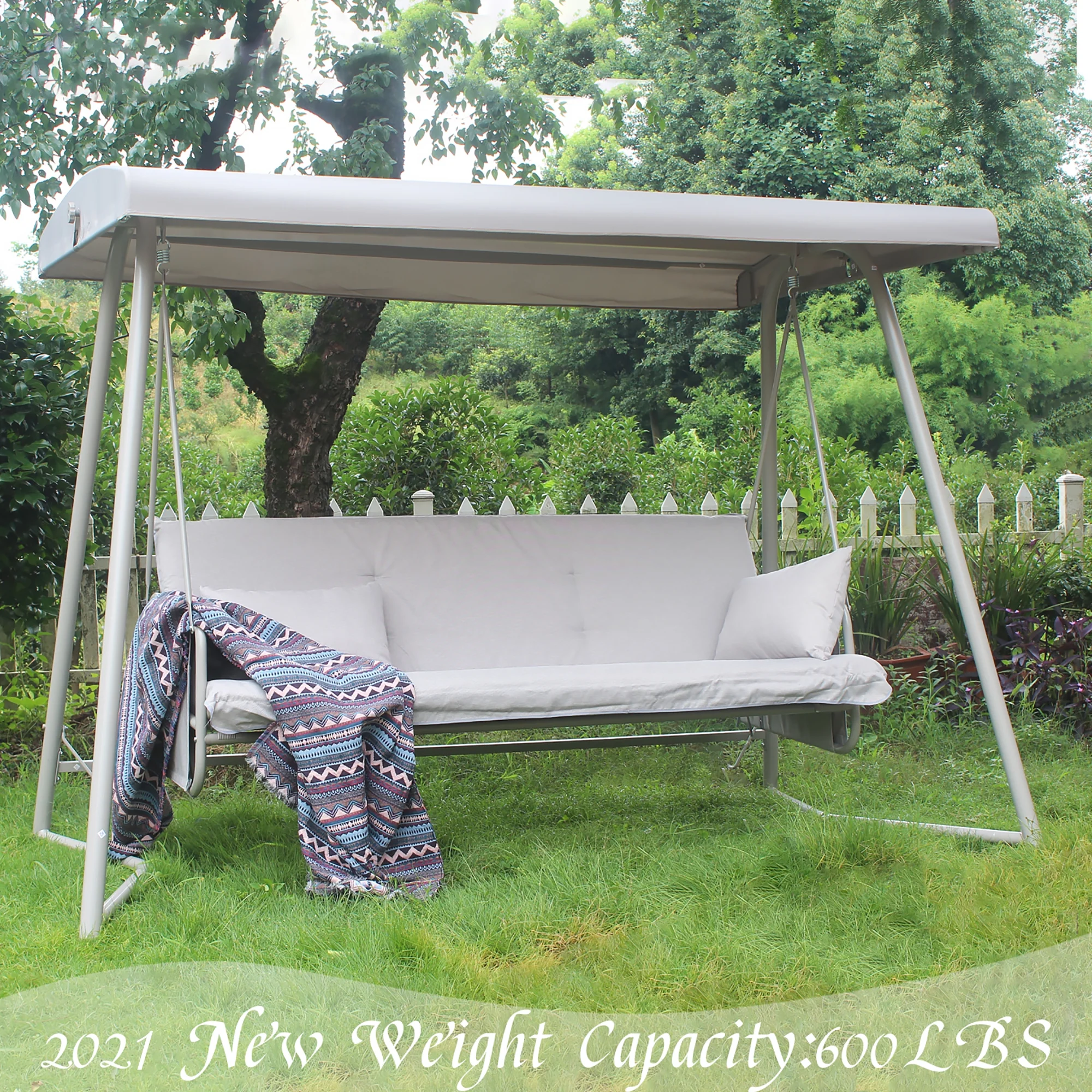 3-Seater Outdoor Convertible Canopy Swing Chair Bench Bed with Comfortable Cushion Seats for Patio Porch Garden