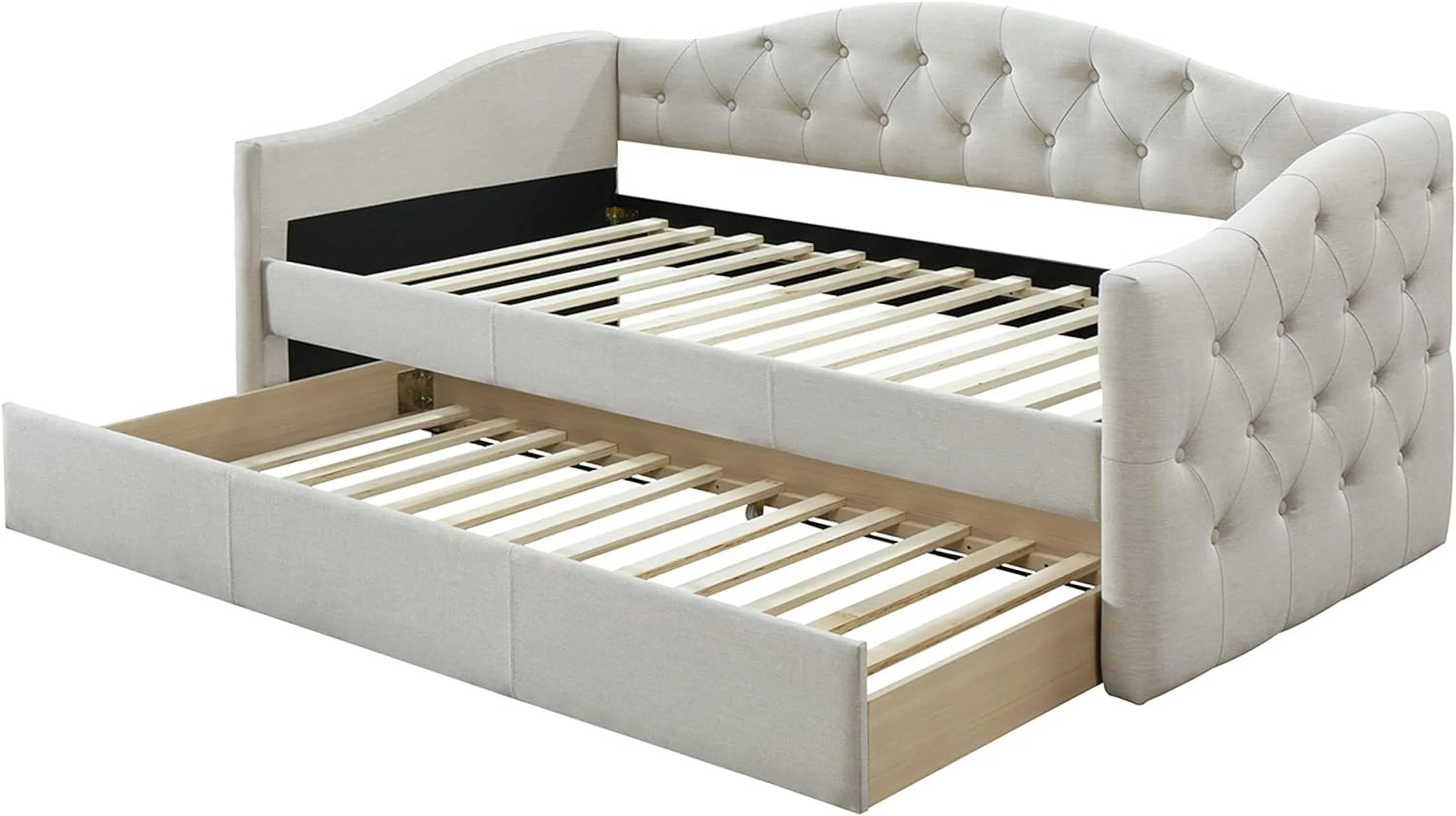 DG Casa Sarnia Diamond Tufted Twin Daybed - Upholstered Trundle Bed with Wooden Slats - Beige Fabric