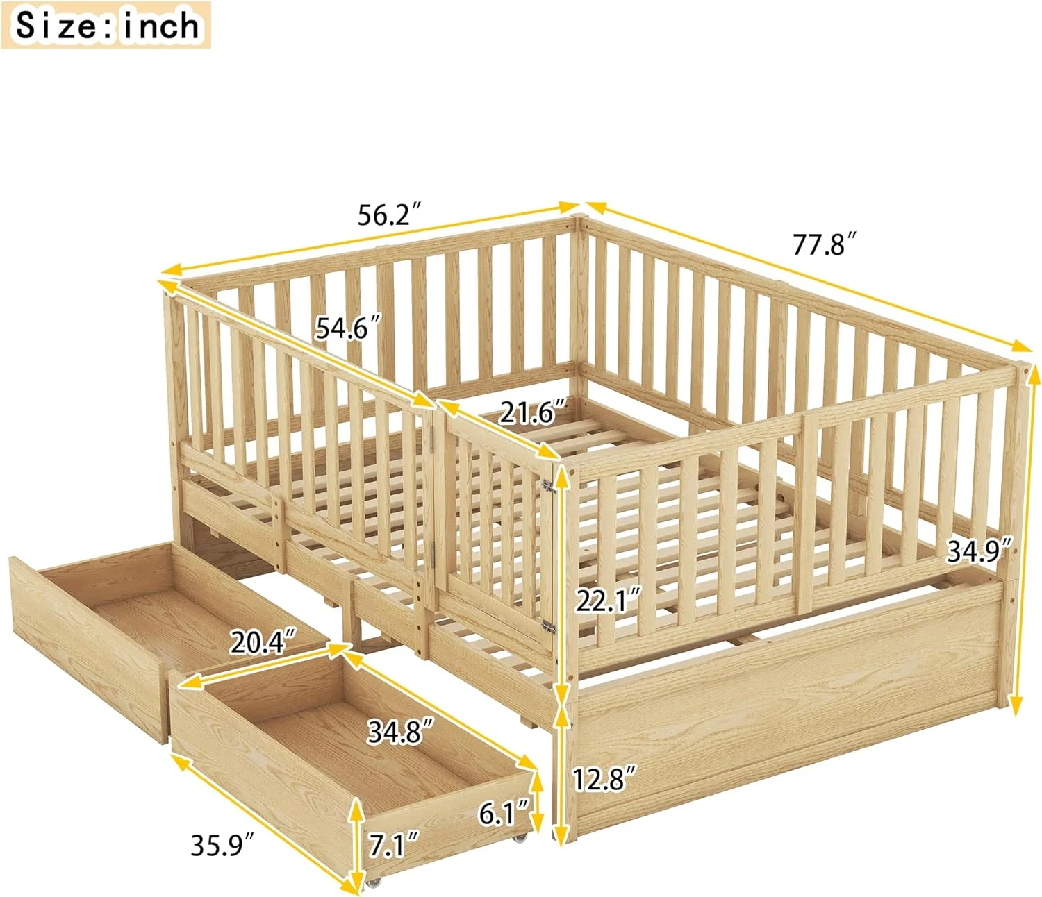 Full Size Daybed With Fece Guardrails Ad 2 Drawers, Wood Full Bed Frame Motessori Bed With Storage For Kids Girls Boys ,Ca Split Ito Floor Bed & Storage Daybed ,atural