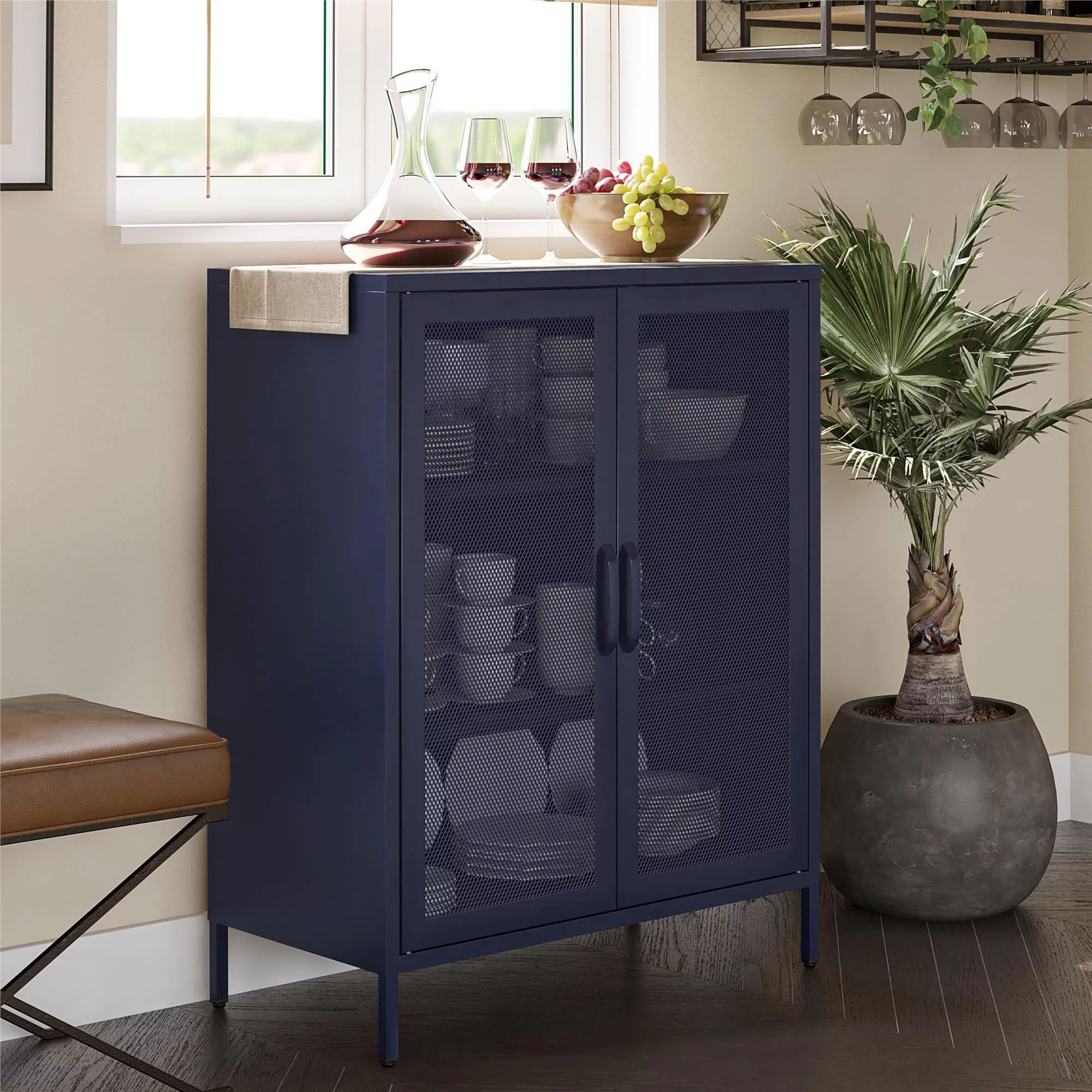 Novogratz Channing 2 Door Accent Cabinet-Mesh Metal Locker, Navy