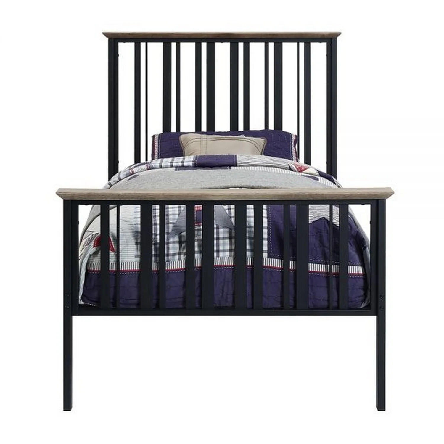 Benjara BM309434 MDF Nori Twin Size Bed with Slatted Metal Frame, Antique Oak Brown & Black