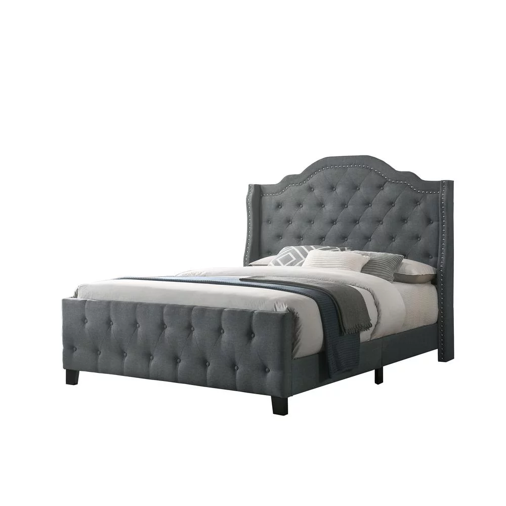 Dark Gray Linen Fabric Panel Bed with Tufted Headboard and Footboard in Full