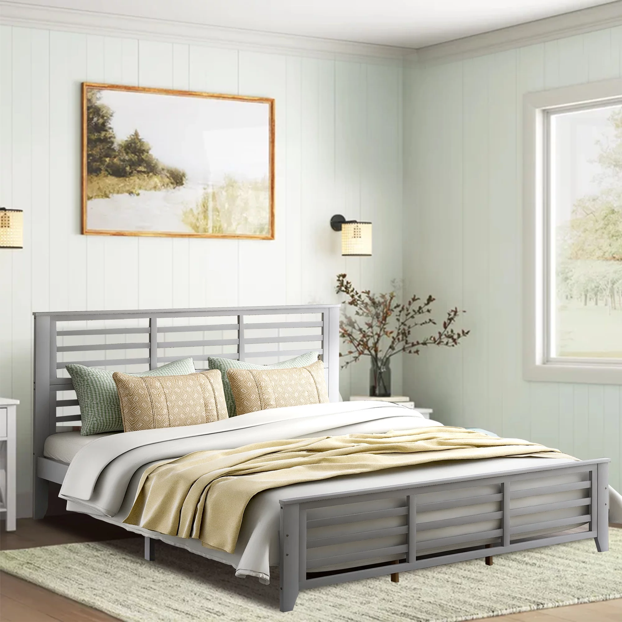 Sesslife King Bed Frame with Headboard, 400 lbs Max Weight Capacity Wood Platform Bed, No Box Spring Needed, Gray