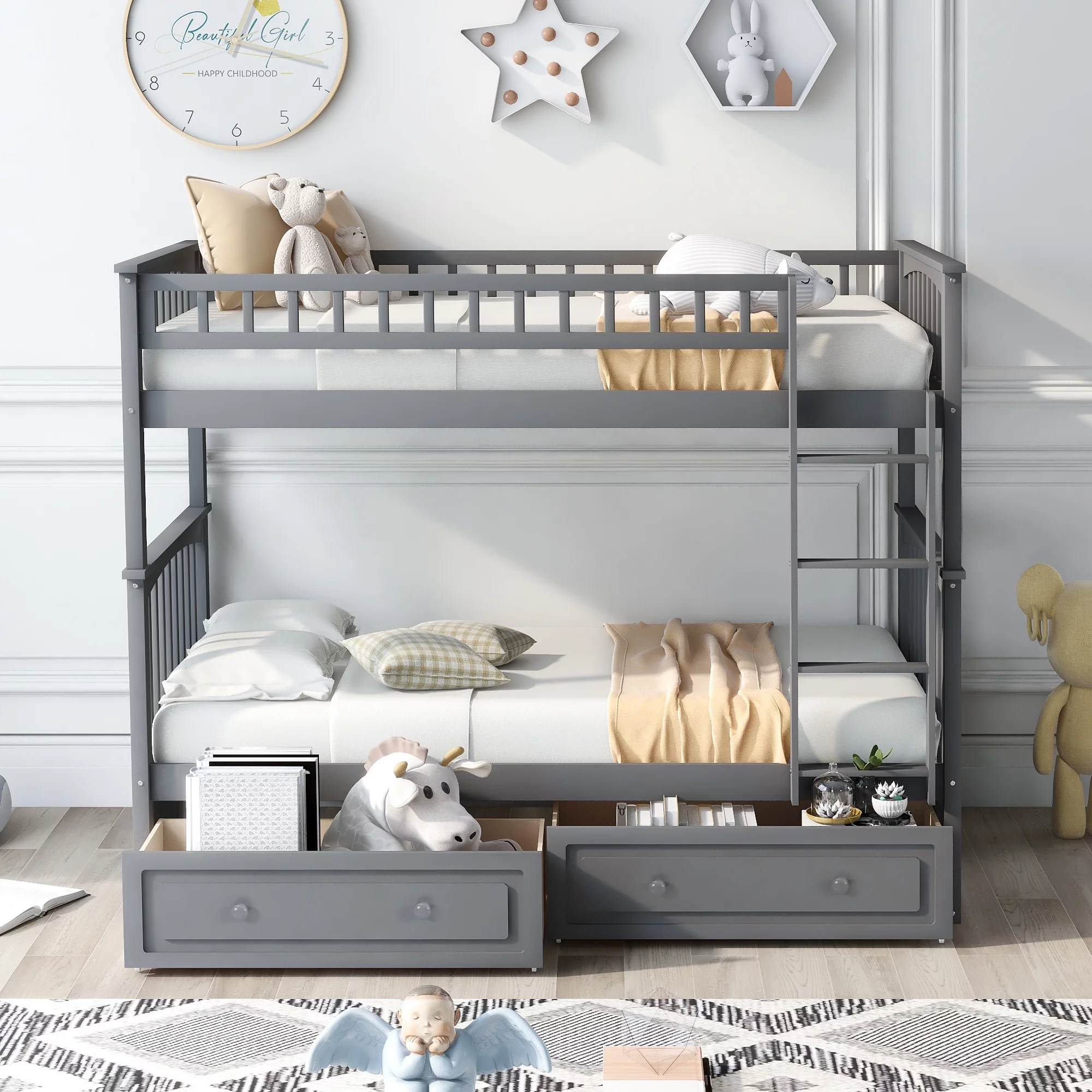Twin over Twin Bunk Bed with Drawers, Convertible Beds,Loft Bed, White for Kids and Teens, Gray