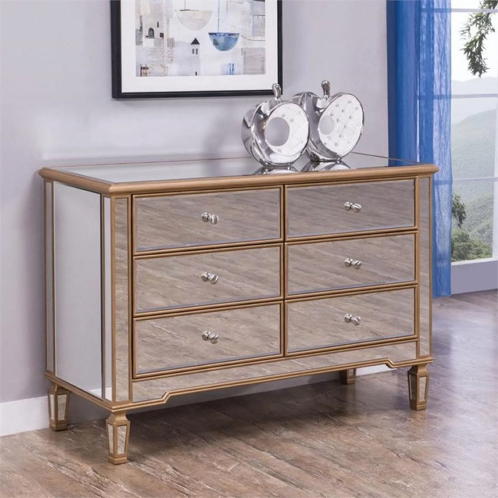 Elegant Decor 6 Drawer Dresser Gold Paint - Hand Rubbed - Antique Gold - 48 x 18 x 32 in.