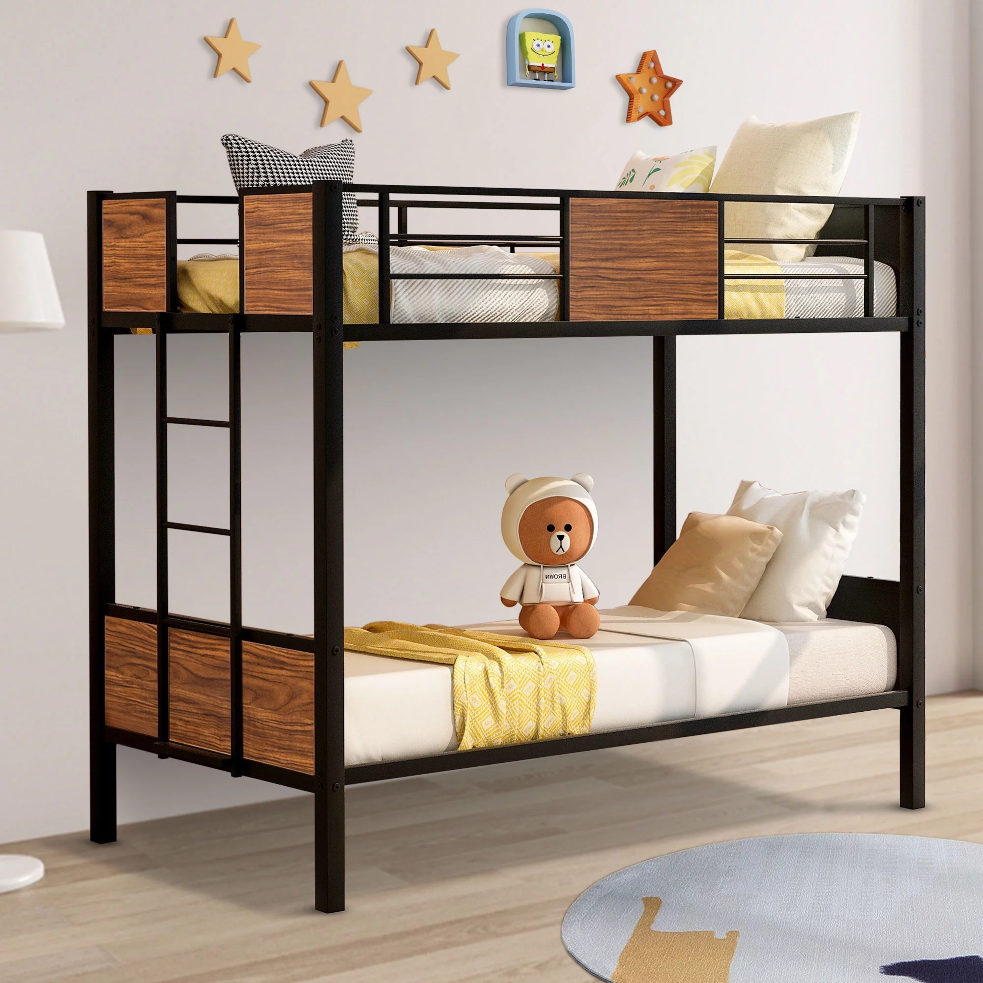 Twin Over Twin Bunk Bed, Twin Bunk Bed with Durable Ladder and High Guardrail, Kids Twin Bed Frame, Space-Saving Design Sleeping Bedroom Bunk Bed for Boys, Girls, Kids, Young Teens & Adults