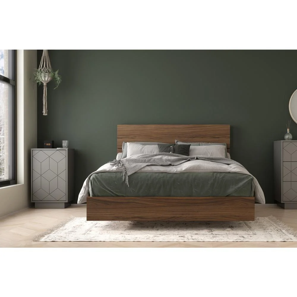 Nexera Symmetry 3 Piece Full Size Bedroom Set, Walnut and Greige