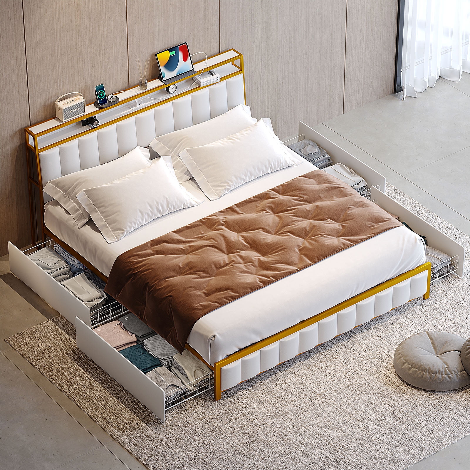 VIPLIVE King Bed Frame with Double Layer Faux Leather Upholstered Headboard and 4 Storage Drawers