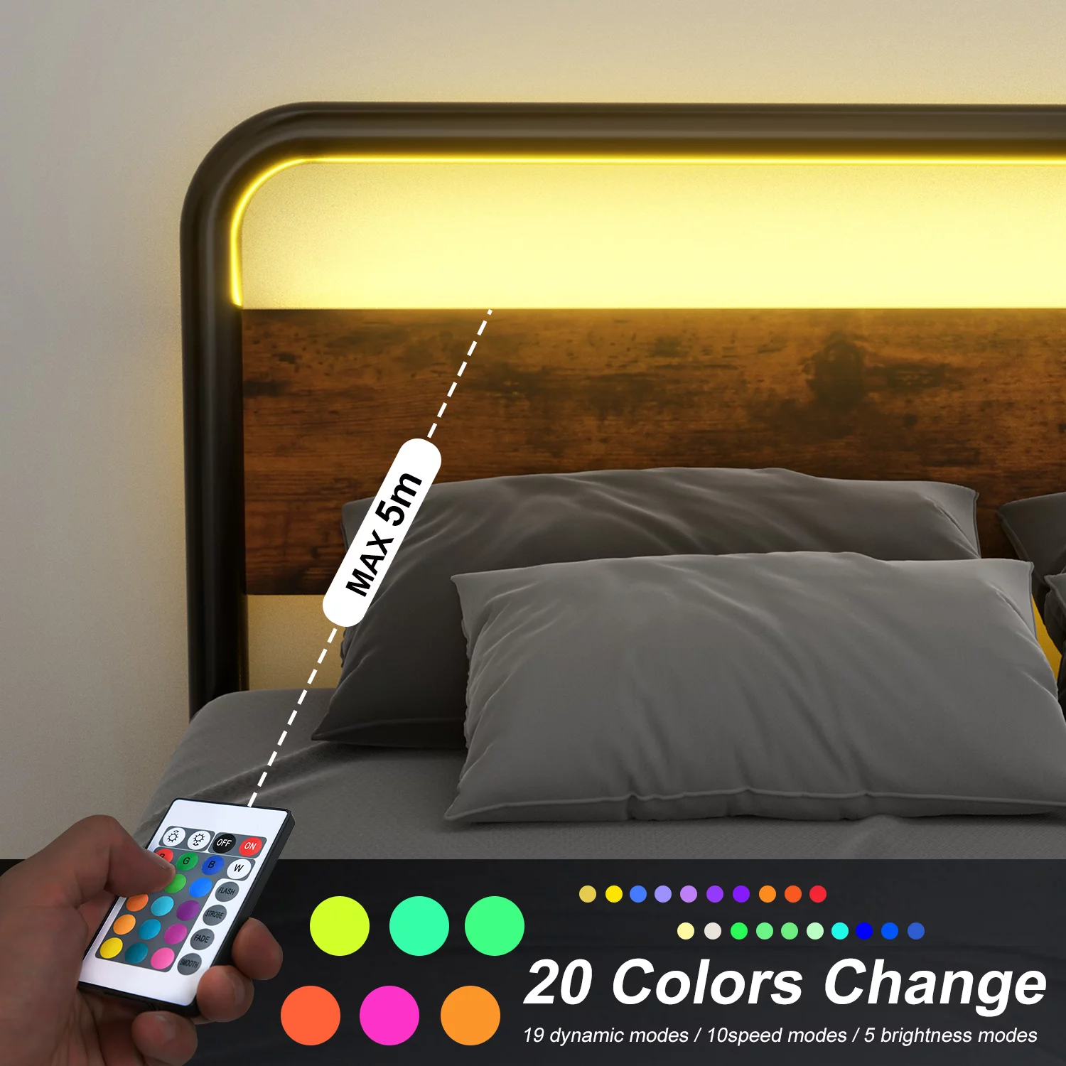 Catrimown King Size Bed Frame with LED Light Headboard, Rustic LED Metal Platform Bed, No Box Spring Needed, Brown/Black