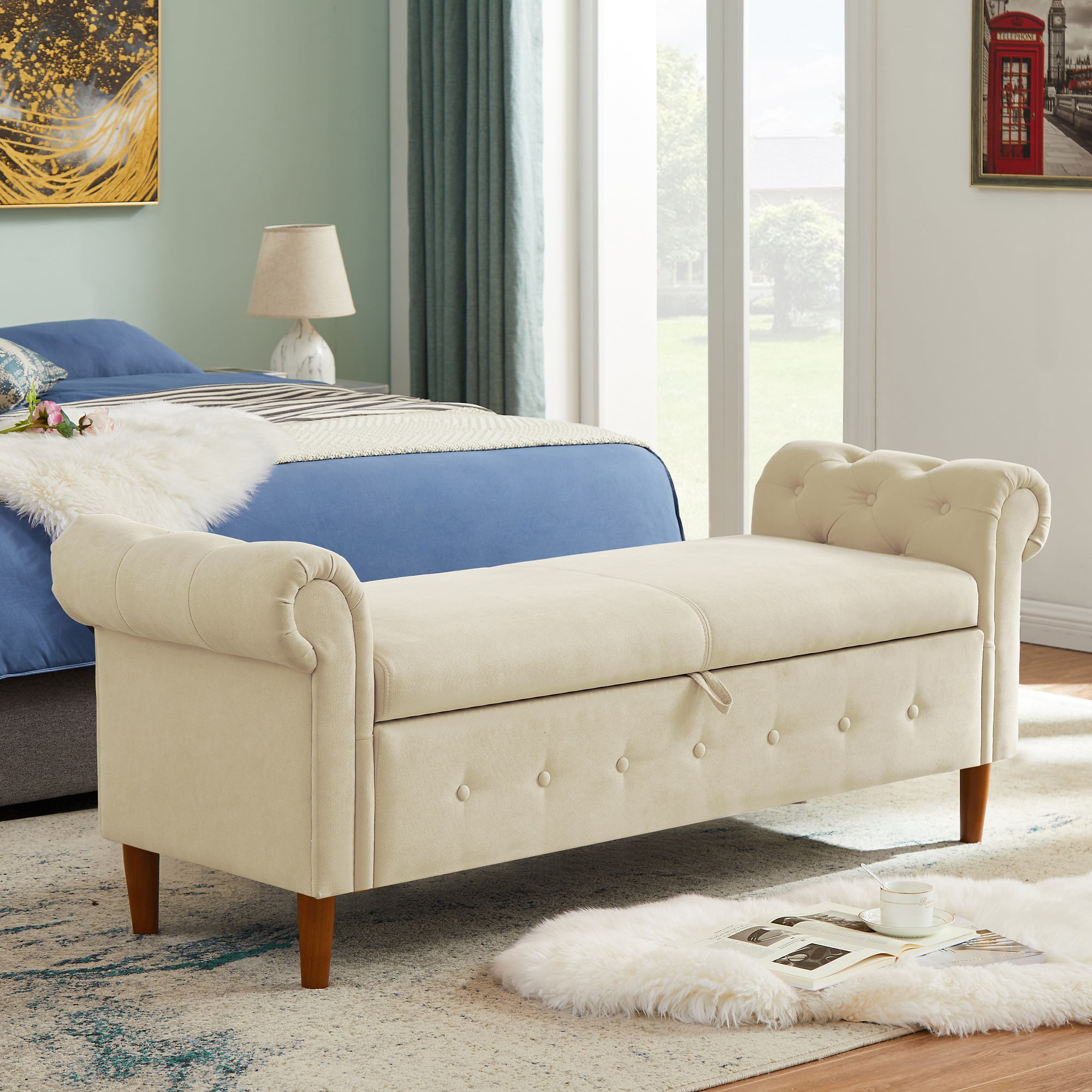 HUTWIFE 63'' Linen Fabric Storage Bench for Bedroom End of Bed,Rolled Armed Ottoman Couch, Beige