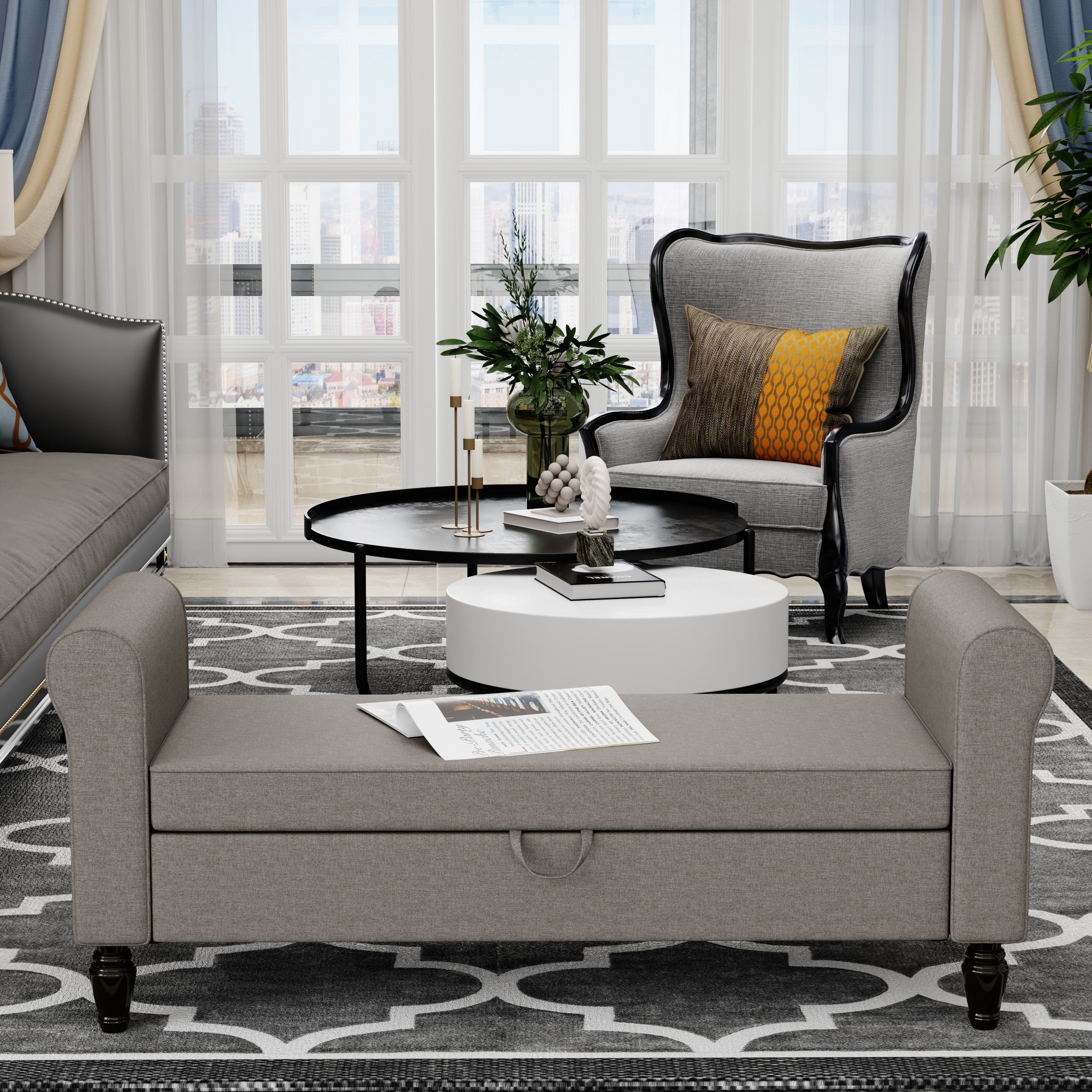 Andeworld Storage Bench with Arms Upholstered Bench Settee for Bedroom Living Room Gray