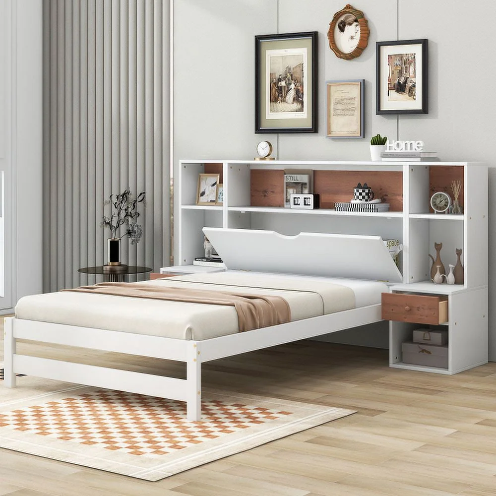 Twin Size Platform Bed with Storage Headboard and Drawers, White