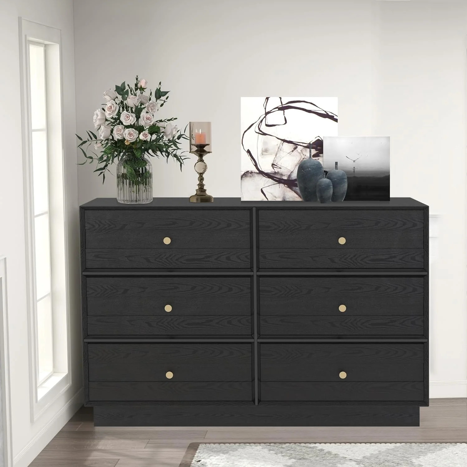 CozyHom 6 Drawers Dresser For Bedroom, Baby Dressers Chest for Nursery, Wood Storage Cabinet for Living Room Hallway Closet, Black