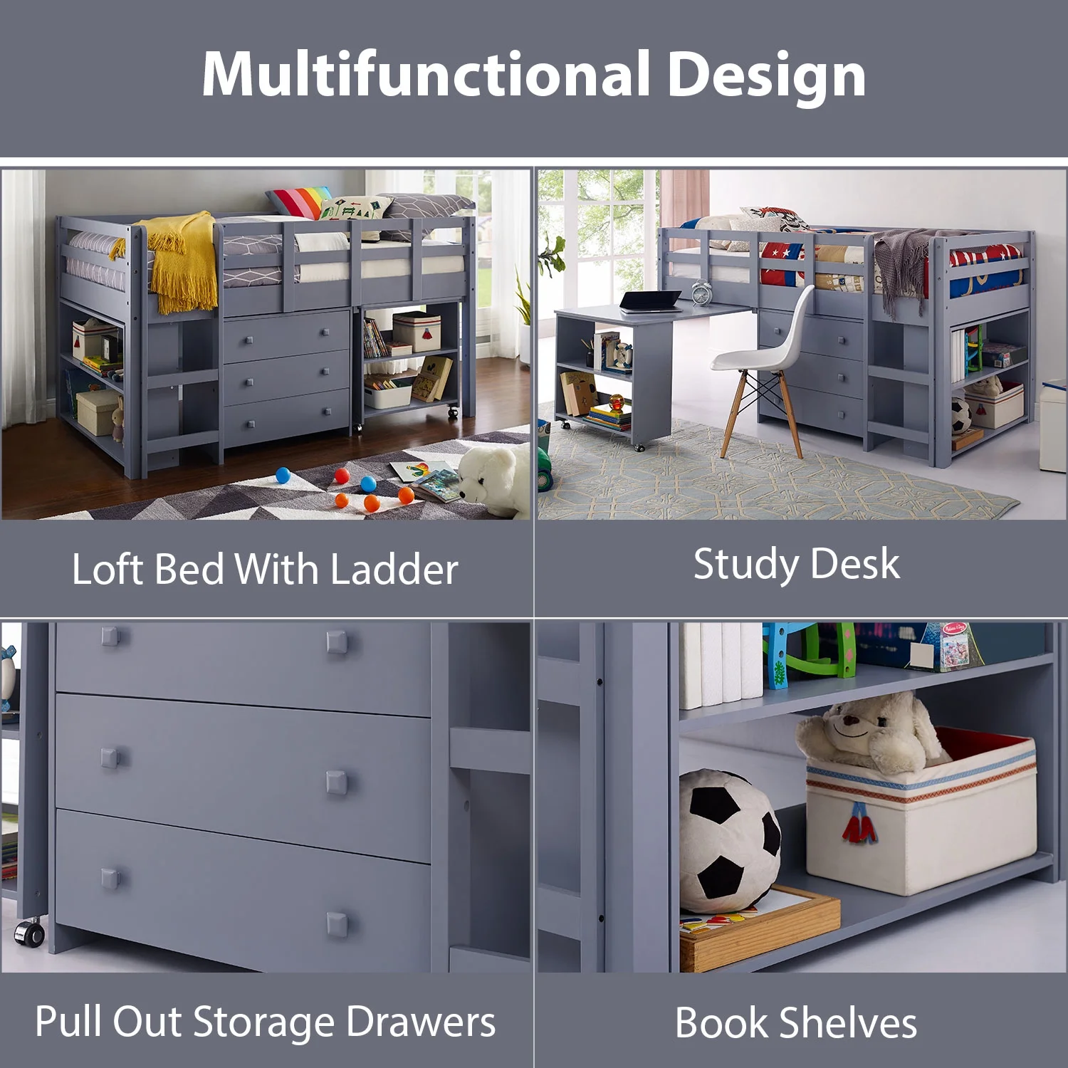 Low Loft Bed Twin Loft Bed with Desk and Storage Kids Beds for Boy Solid Pine Wood Toddler Loft Bed with Storage, Ladder Storage Guard Rails, No Box Spring Needed, Loft Bed Gray