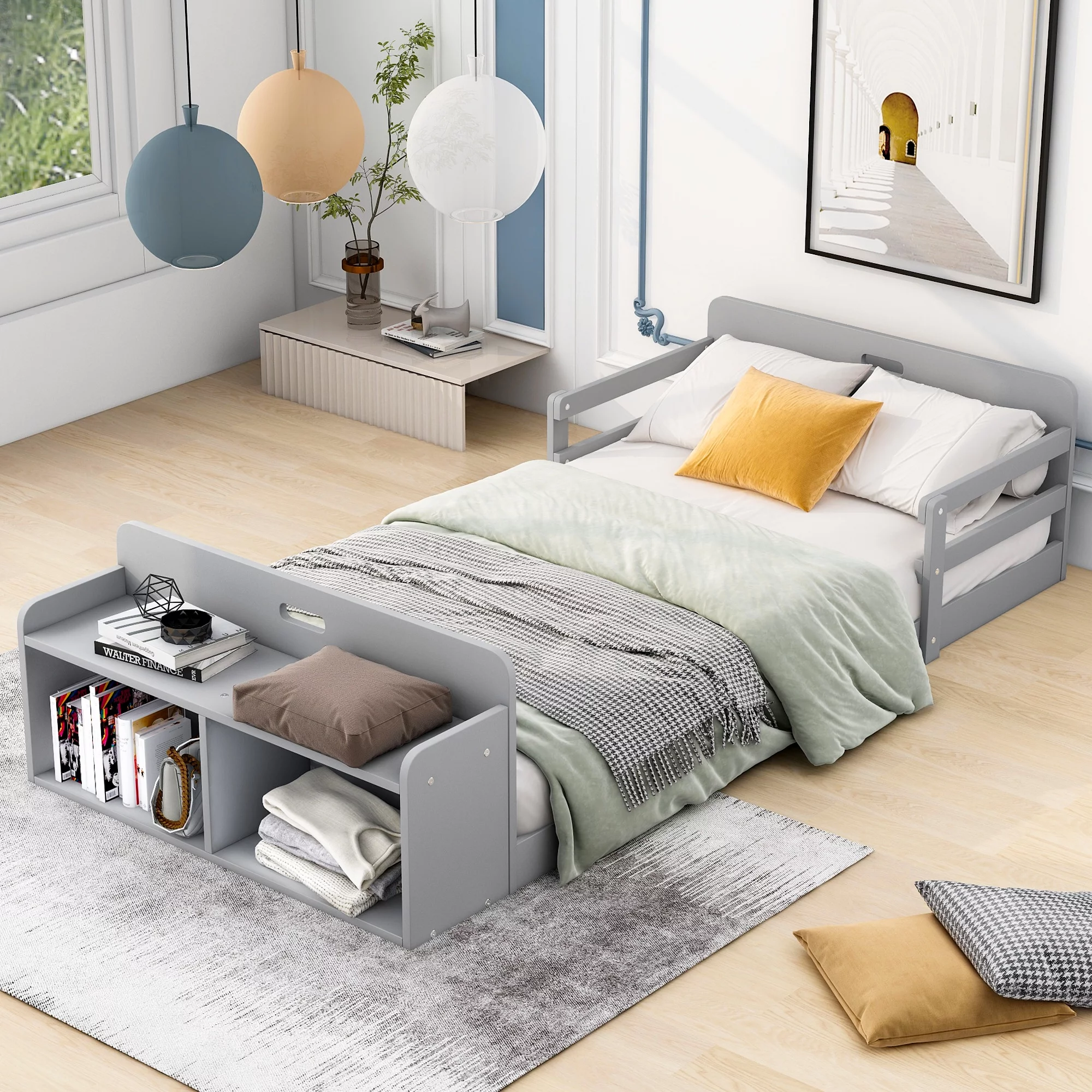 Euroco Wood Twin Size Floor Bed, Twin Platform Bed with Storage Desk and Shelf, Gray