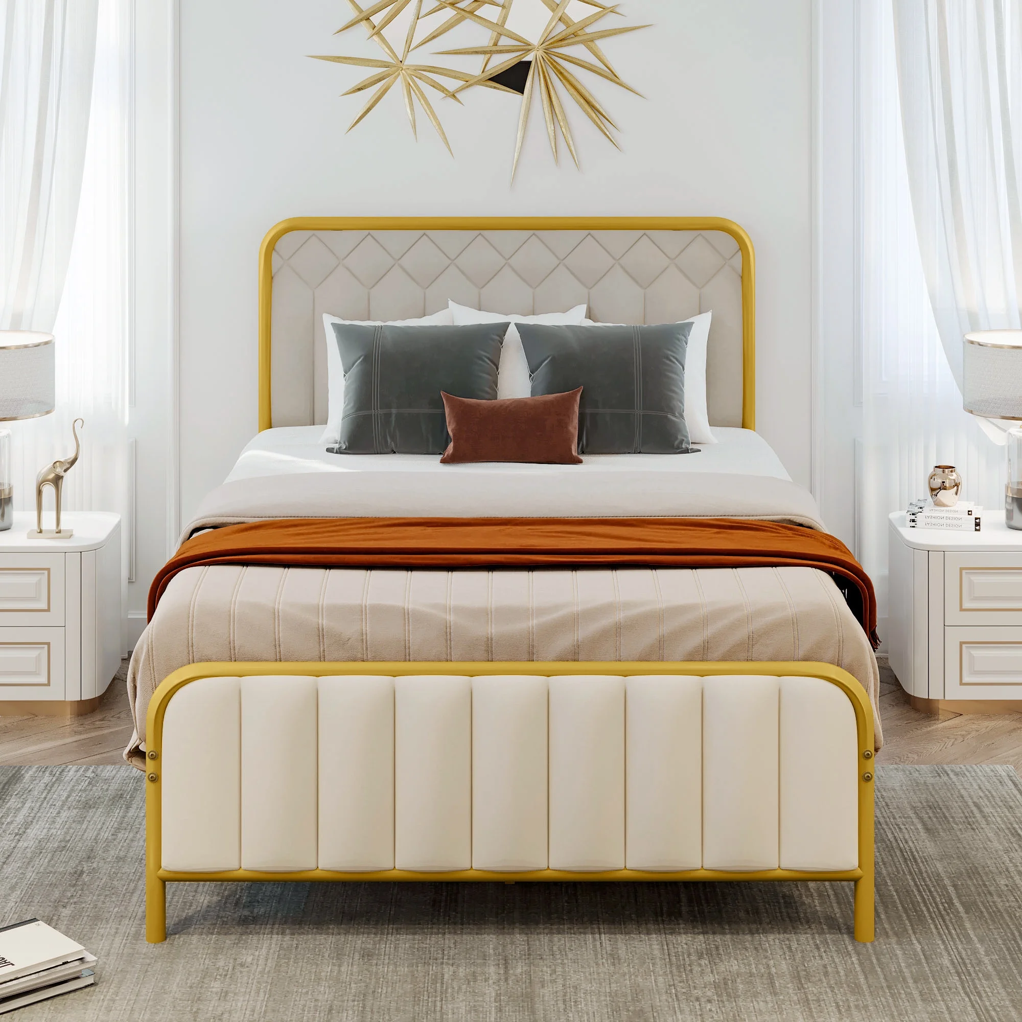 Dextrus Upholstered Full Size Platform Bed Frame with Headboard, Wooden Slats Mattress Foundation with Soundproof Cotton, No Box Spring Needed, Beige