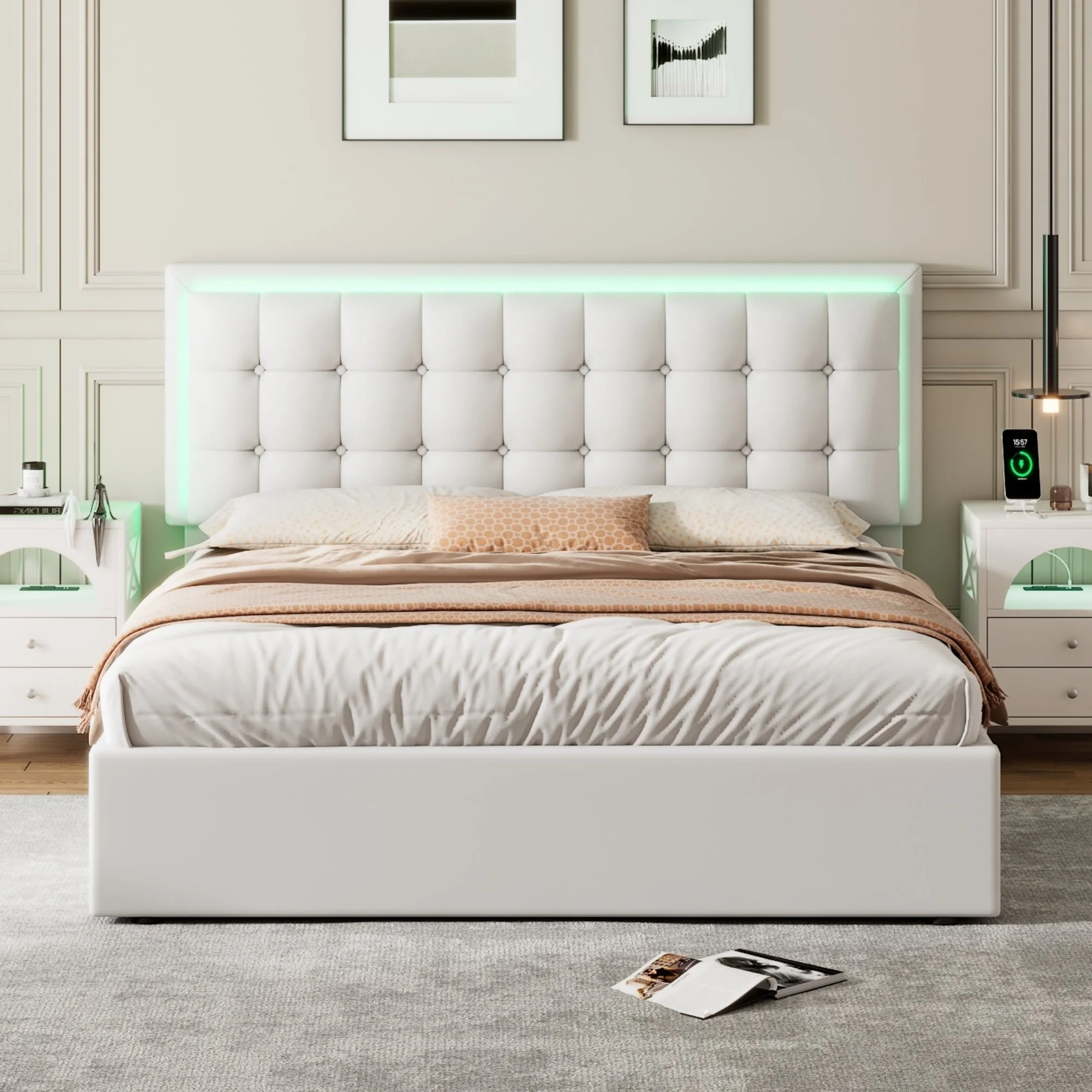 Fenix Queen Size Tufted Platform Bed w Hydraulic Storage -White
