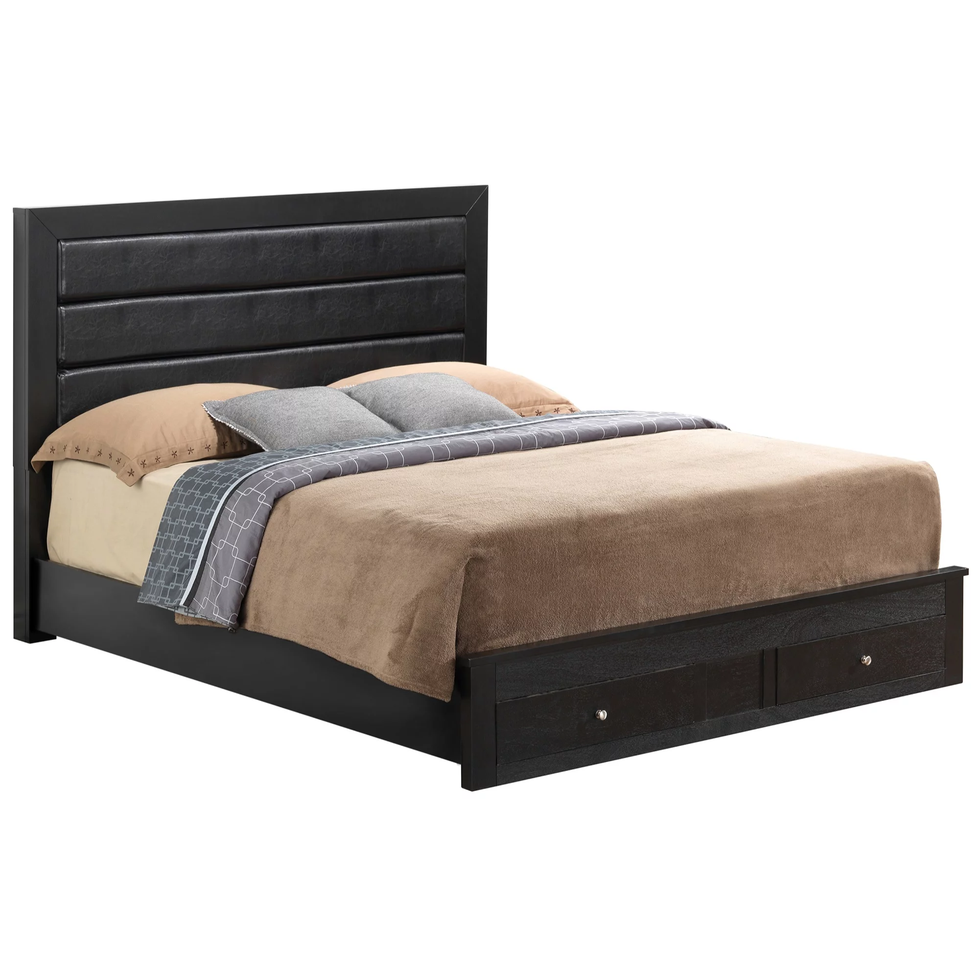 Passion Furniture Burlington Upholstered Panel Bed with Two Storage Drawers, Black - Queen Size