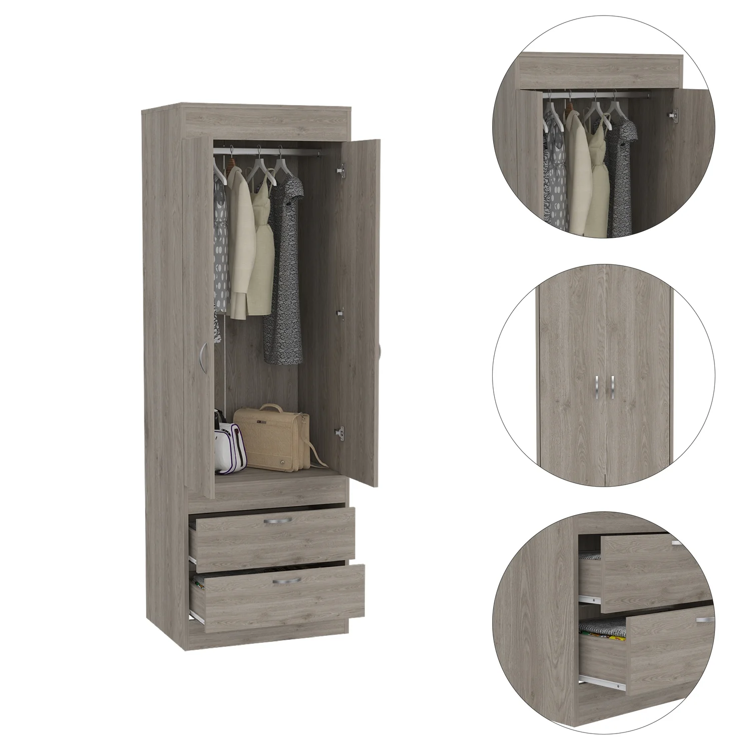 TUHOME Lisboa Armoire, Rod, Two-Door Armoire, Two Drawers, Metal Handles, Light Grey, For Bedroom