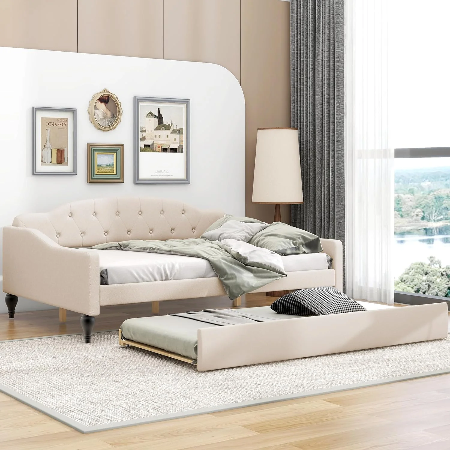 Full Size Daybed Wih rudle, Lie Upholsered Day Bed Frame, Boom ufed Sofa Bed -Ceury Desig For Bedroom Livig Room Gues Room, Beige