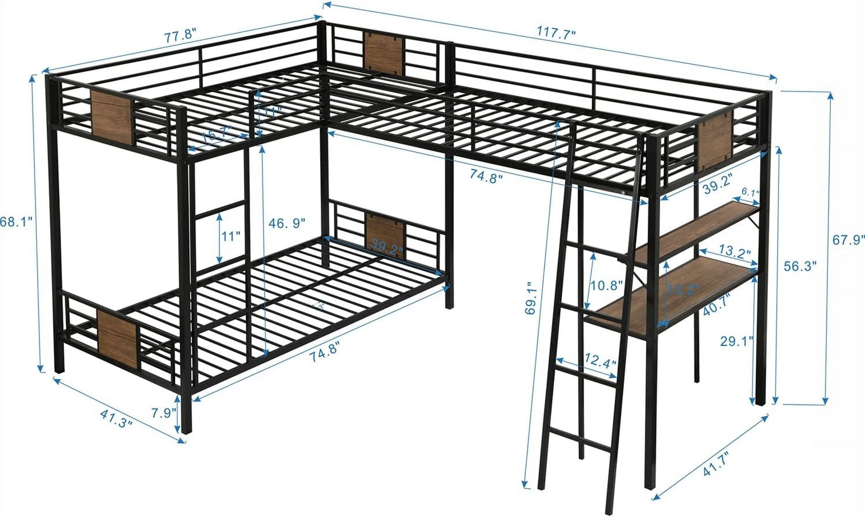 Triple Beds Over Buk Bed Attached A Loft Bed With Desk & Shelves Metal Buk Bed For 3 For Dorm, Boys Girls Tees Kids, Brow