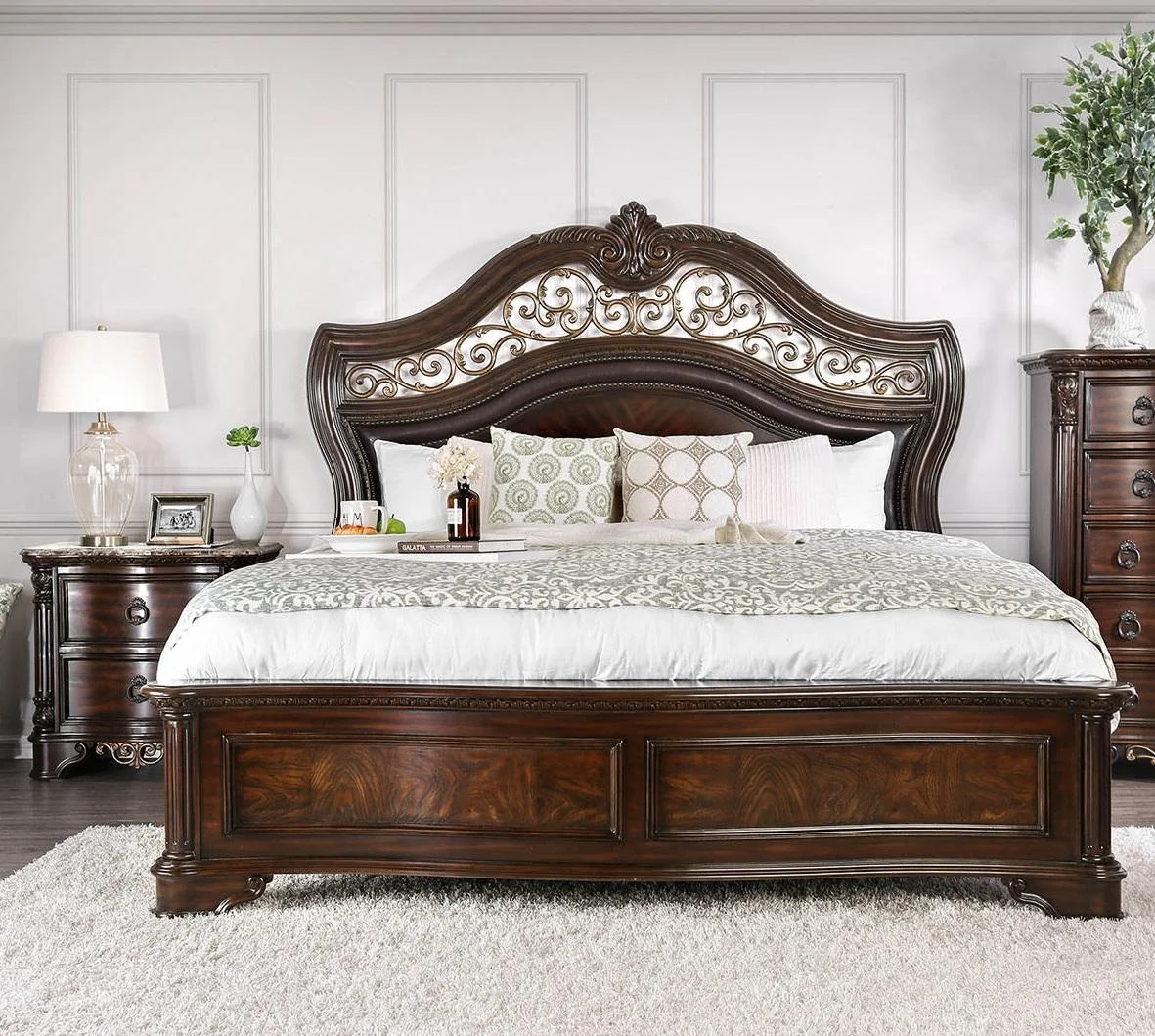 Transitional Brown Cherry Solid Wood Queen Bedroom Set 3pcs FOA CM7311 Menodora