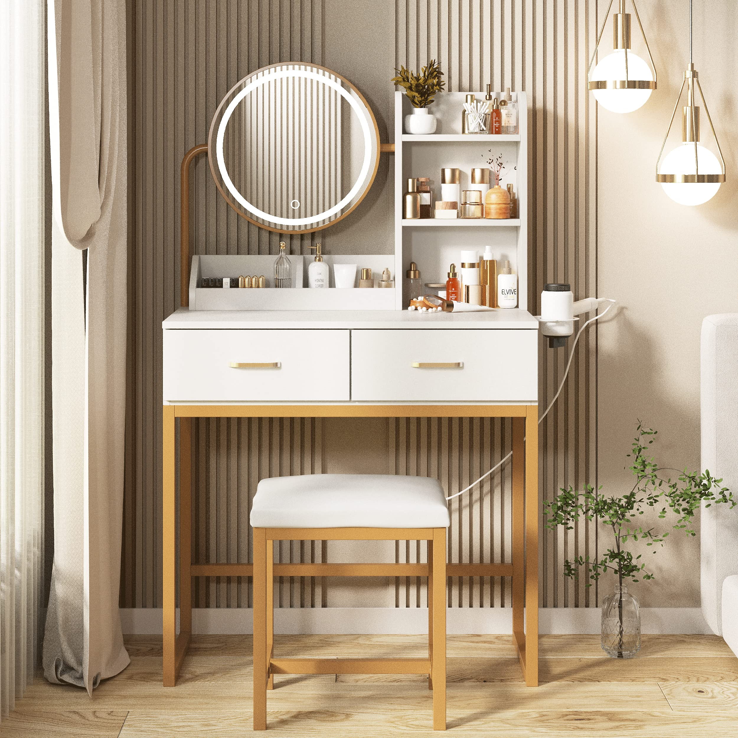 Veanerwood Makeup Vanity Desk with Lights and Round Mirror, Bedroom Vanity Dressing Table Set with Drawers, Hair Rack, Modern, 31.5in, White & Gold